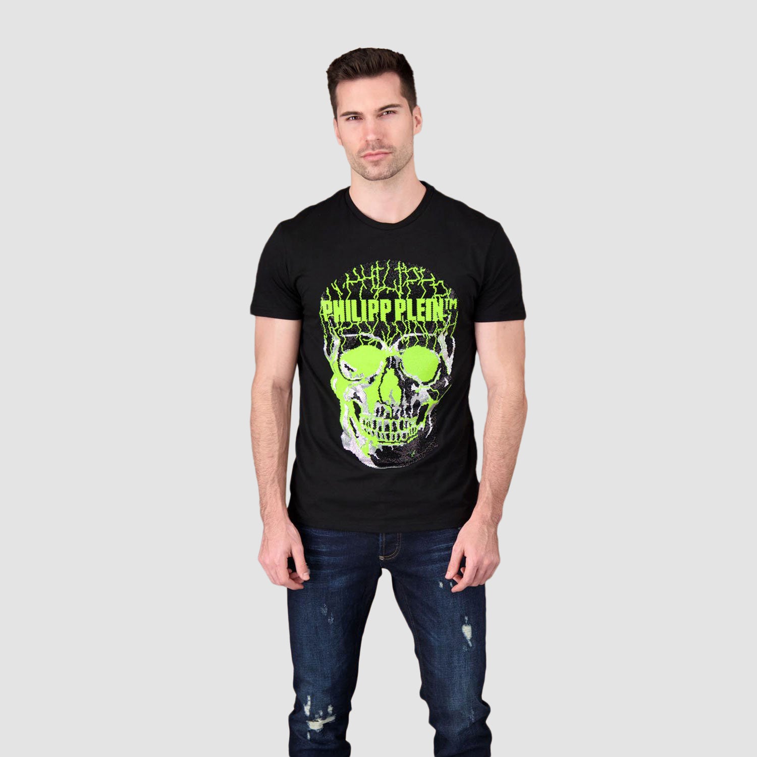 Philipp Plein Black/Yellow Round Neck Skull Rhinestone T-Shirt
