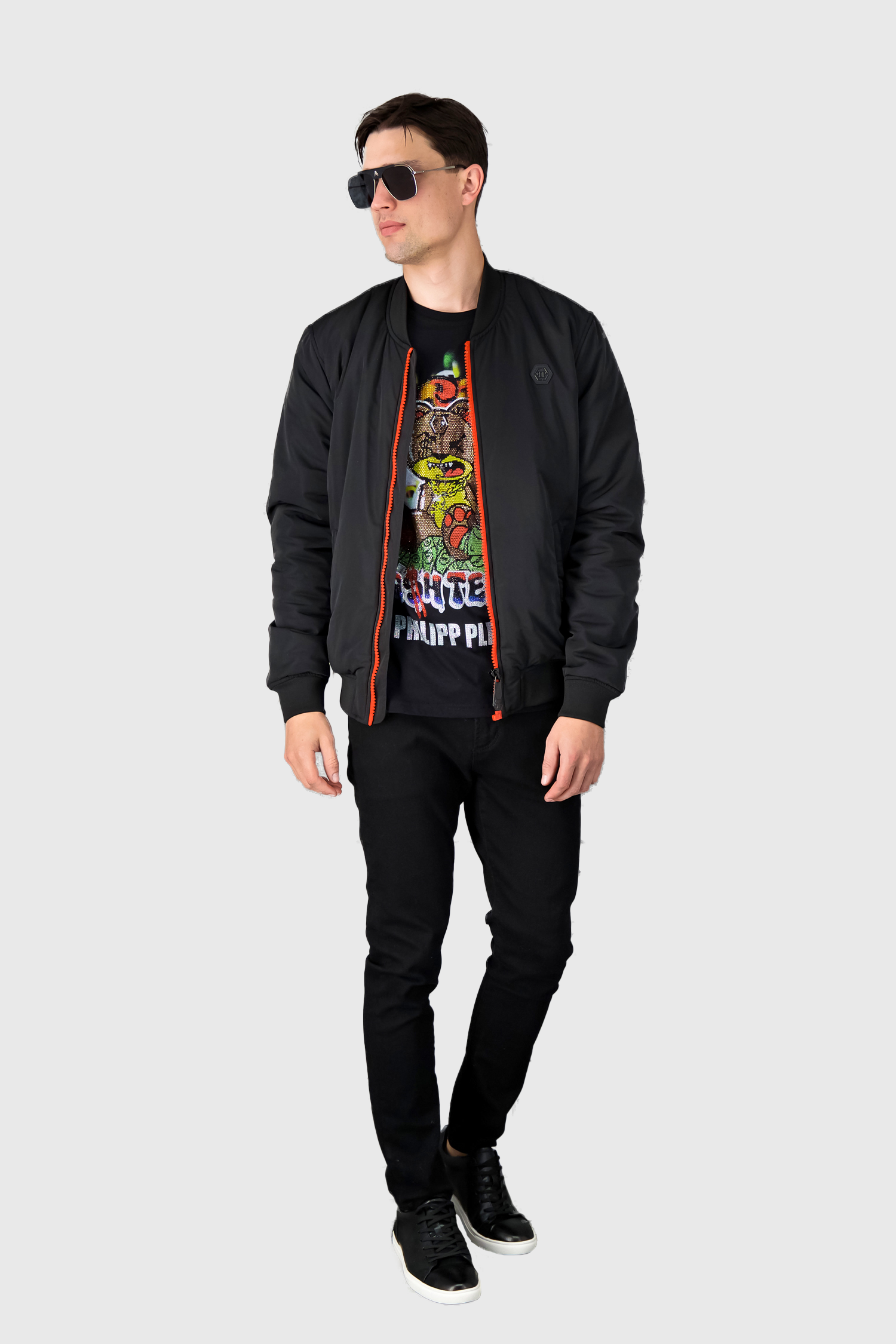 Philipp Plein Black Bomber Jacket with Red Zipper
