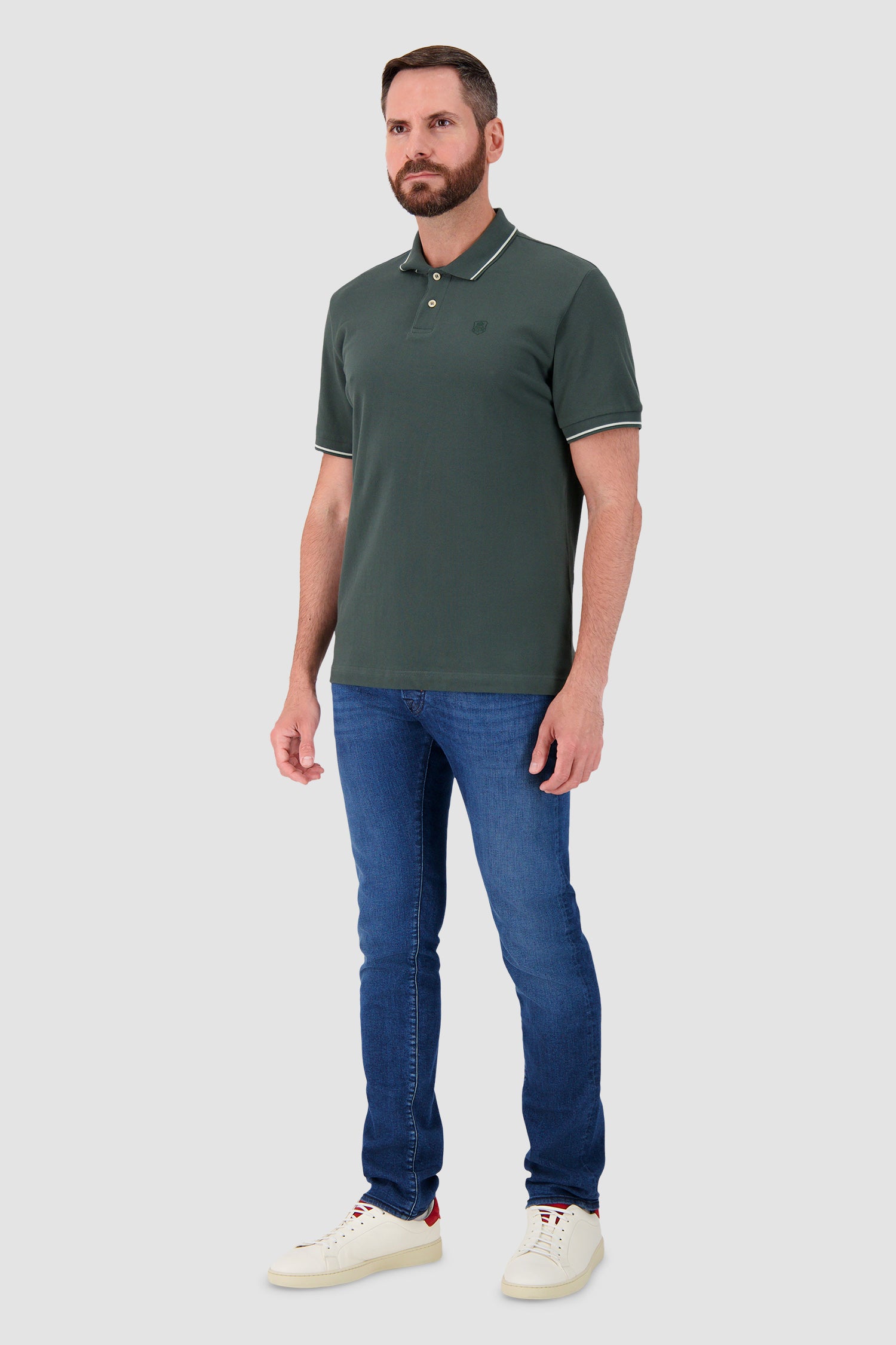 Polo zippé en cachemire vert armée Pashmere avec détail en maille ajourée
