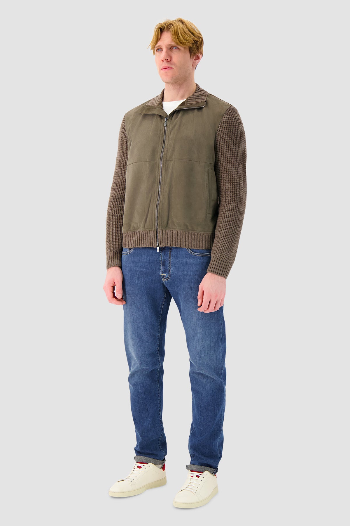 Corneliani Taupe Suede and Knit Zip Jacket