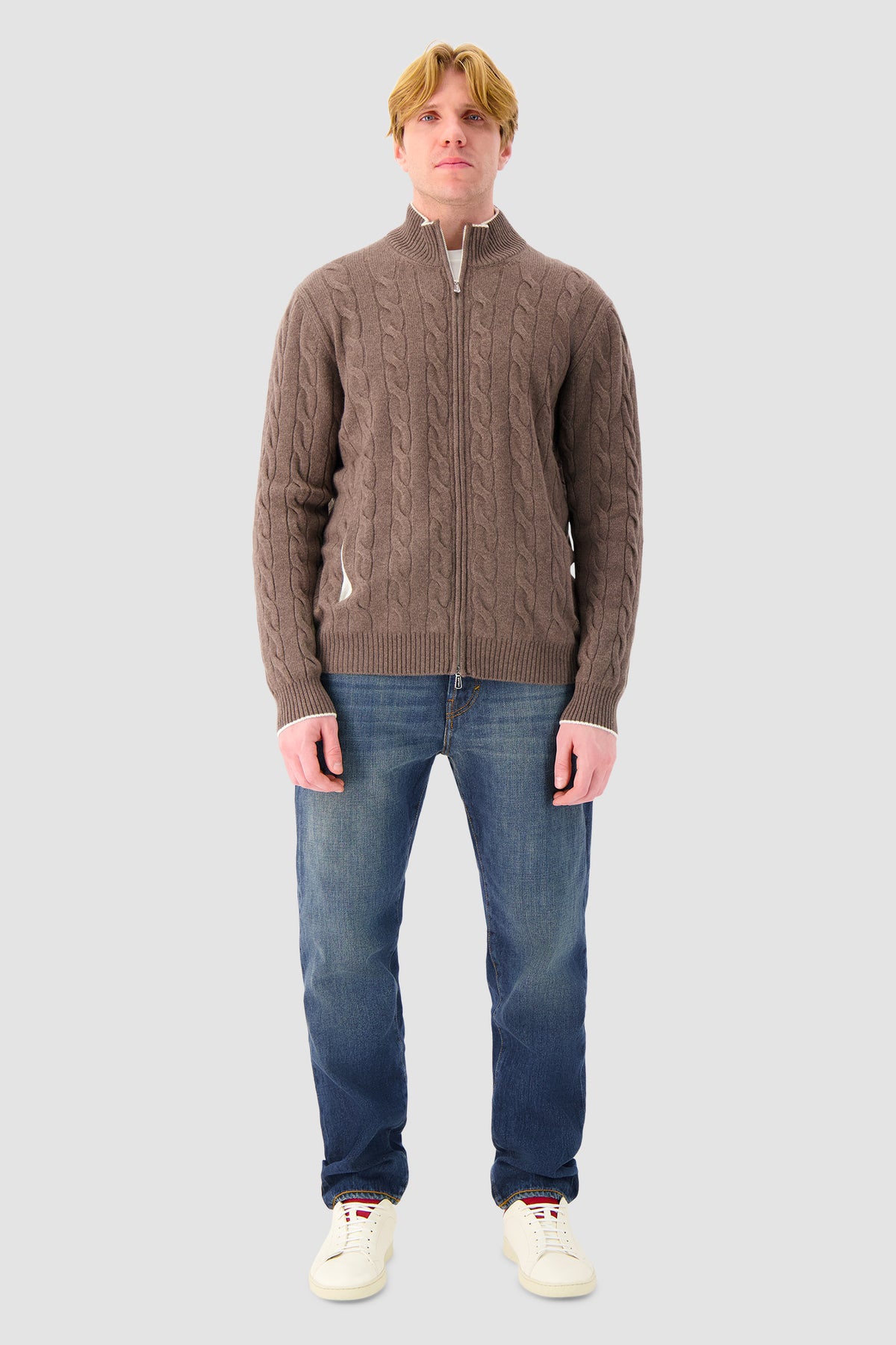 Mandelli Brown Cashmere Cable Knit Zip Sweater
