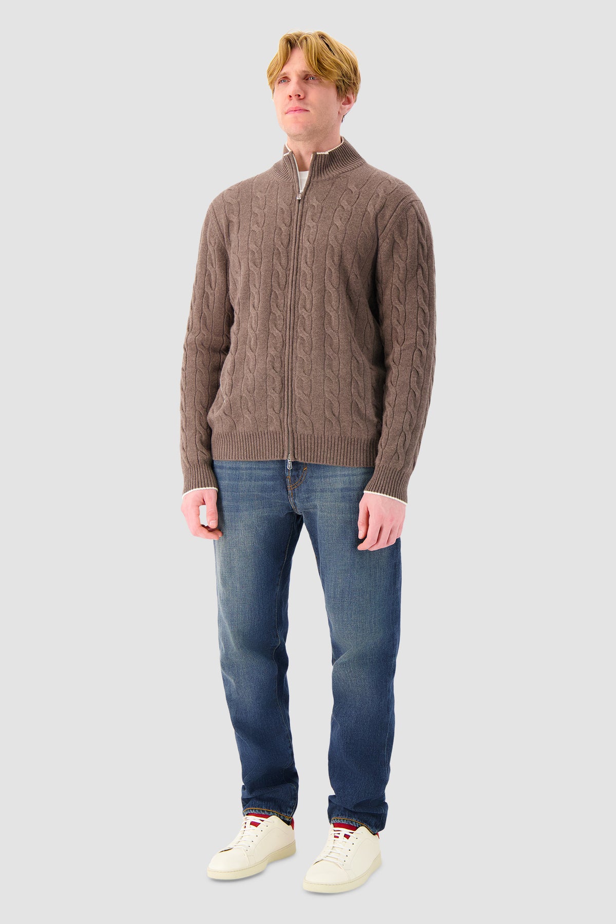 Mandelli Brown Cashmere Cable Knit Zip Sweater
