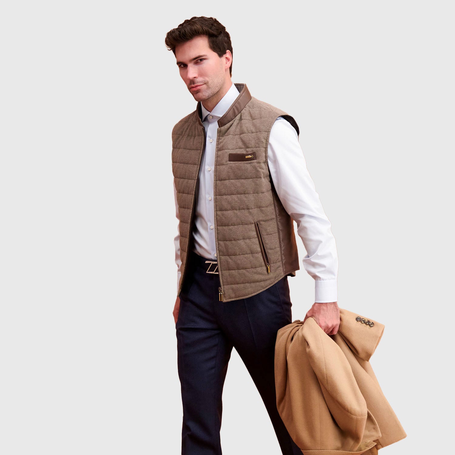 Zilli Beige Wool & Silk W/ Leather Vest