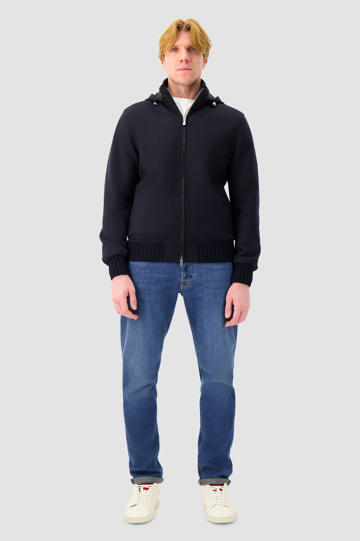 Mandelli Navy Knit Hooded Bomber