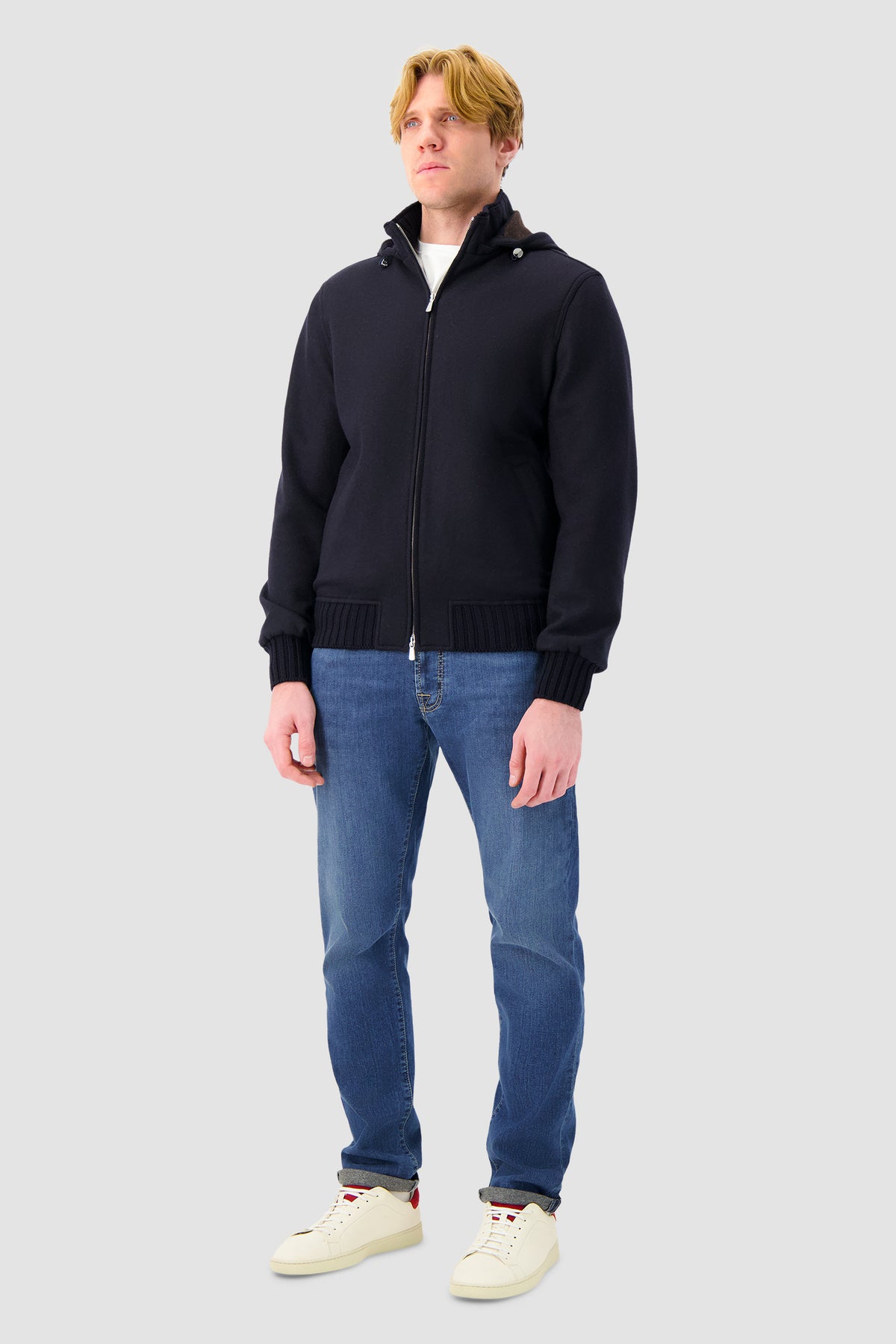 Mandelli Navy Knit Hooded Bomber