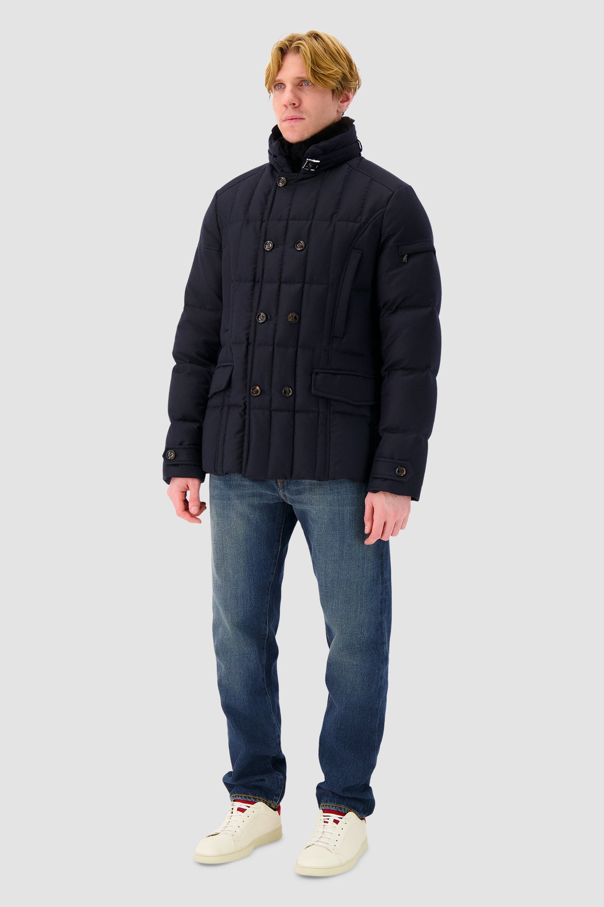 Moorer Navy Siro Fur Collar Quilted Jaket