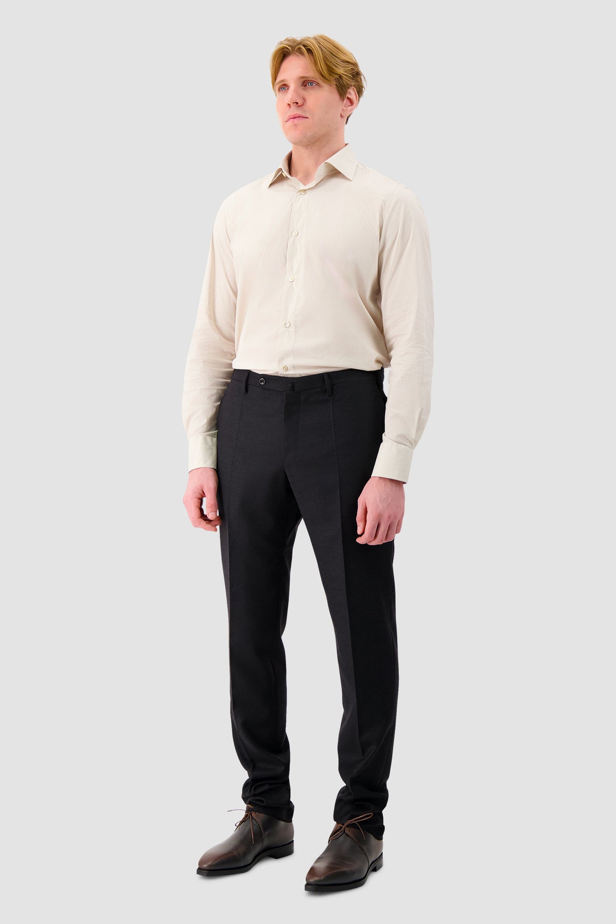 100 Hands White Cotton Dress Shirt with Beige Stripes