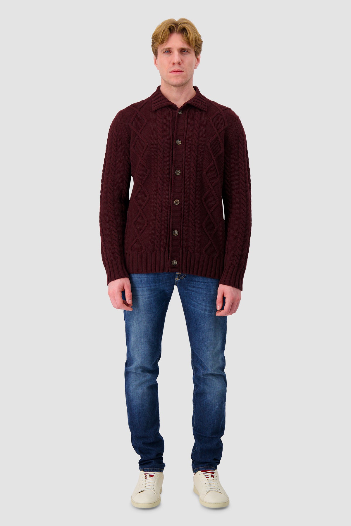 Barba Napoli Burgundy Wool/Cashmere Cable Knit Button Cardigan