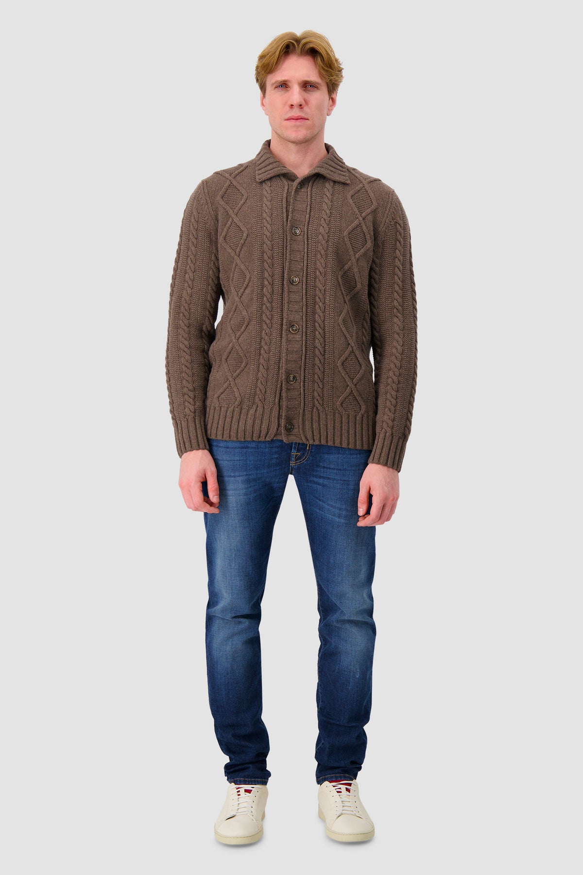 Barba Napoli Brown Wool/Cashmere Cable Knit Button Cardigan