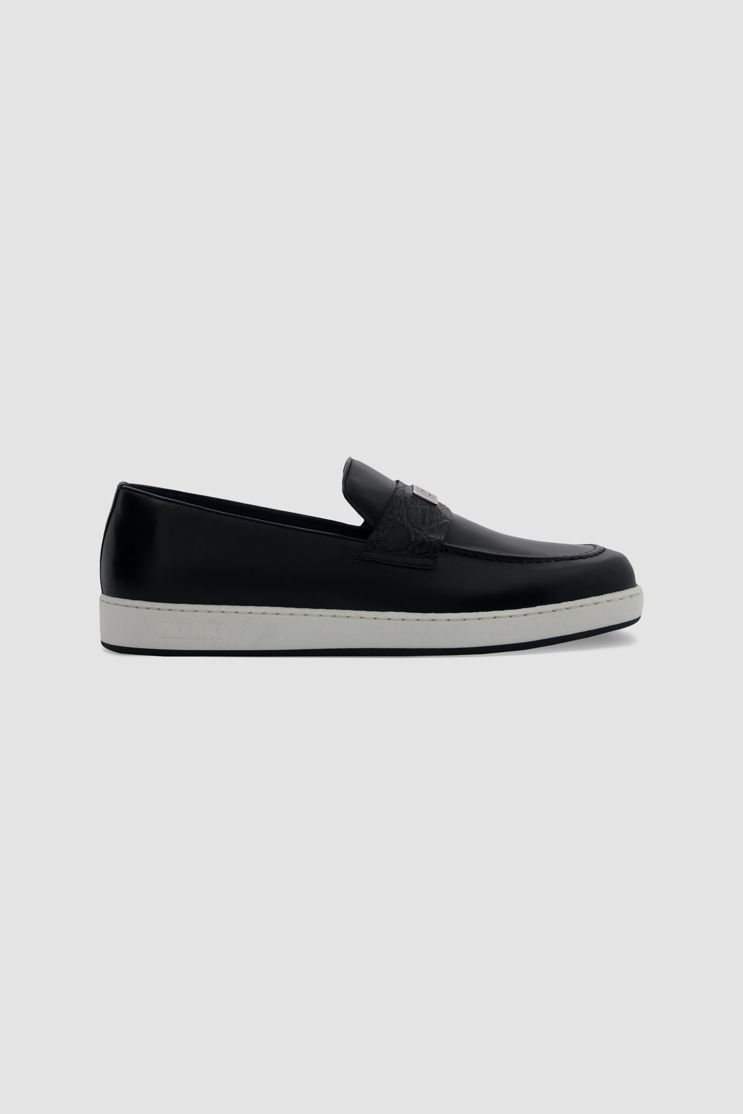 Zilli Black Metal Plate Loafers with Caiman accents