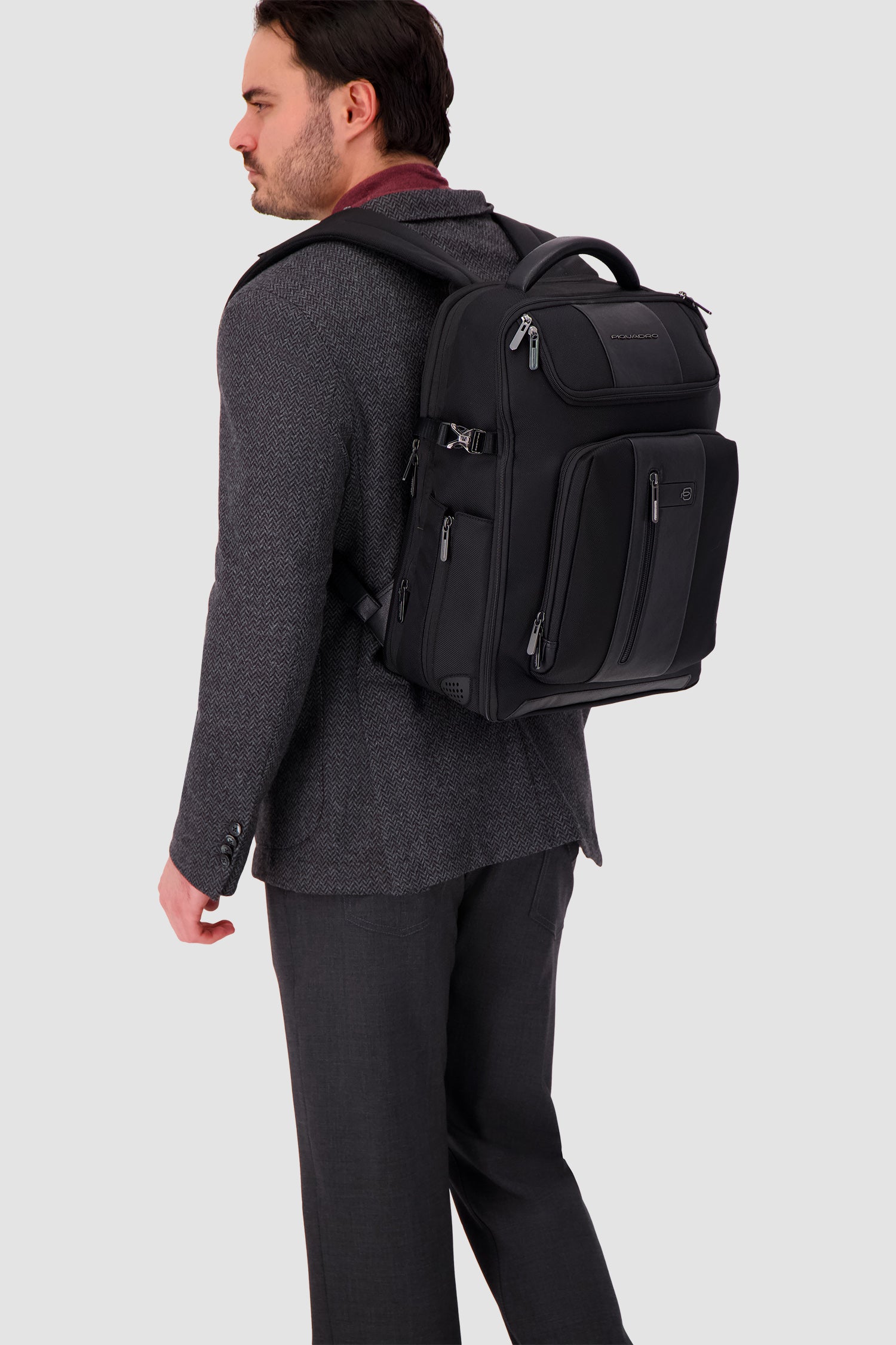 Piquadro Black Expandable Travel Laptop Backpack 15.6"