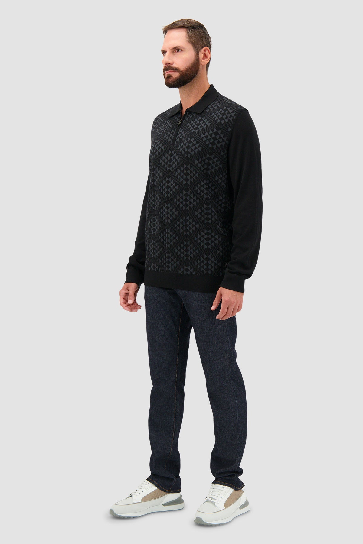 Stefano Ricci Black Cashmere/Silk Jacquard Zip Long Sleeve Polo