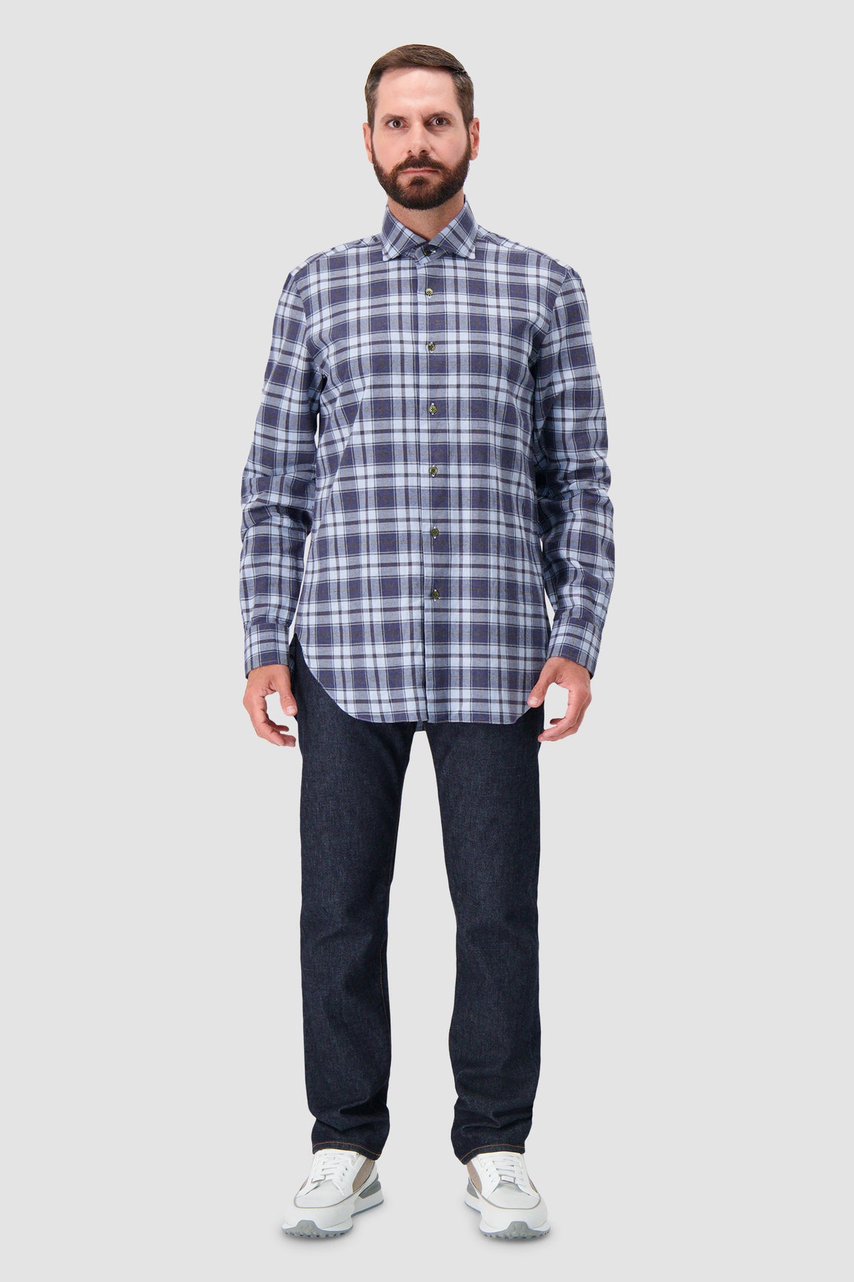 Barba Napoli Blue/Grey Plaid Cotton Shirt