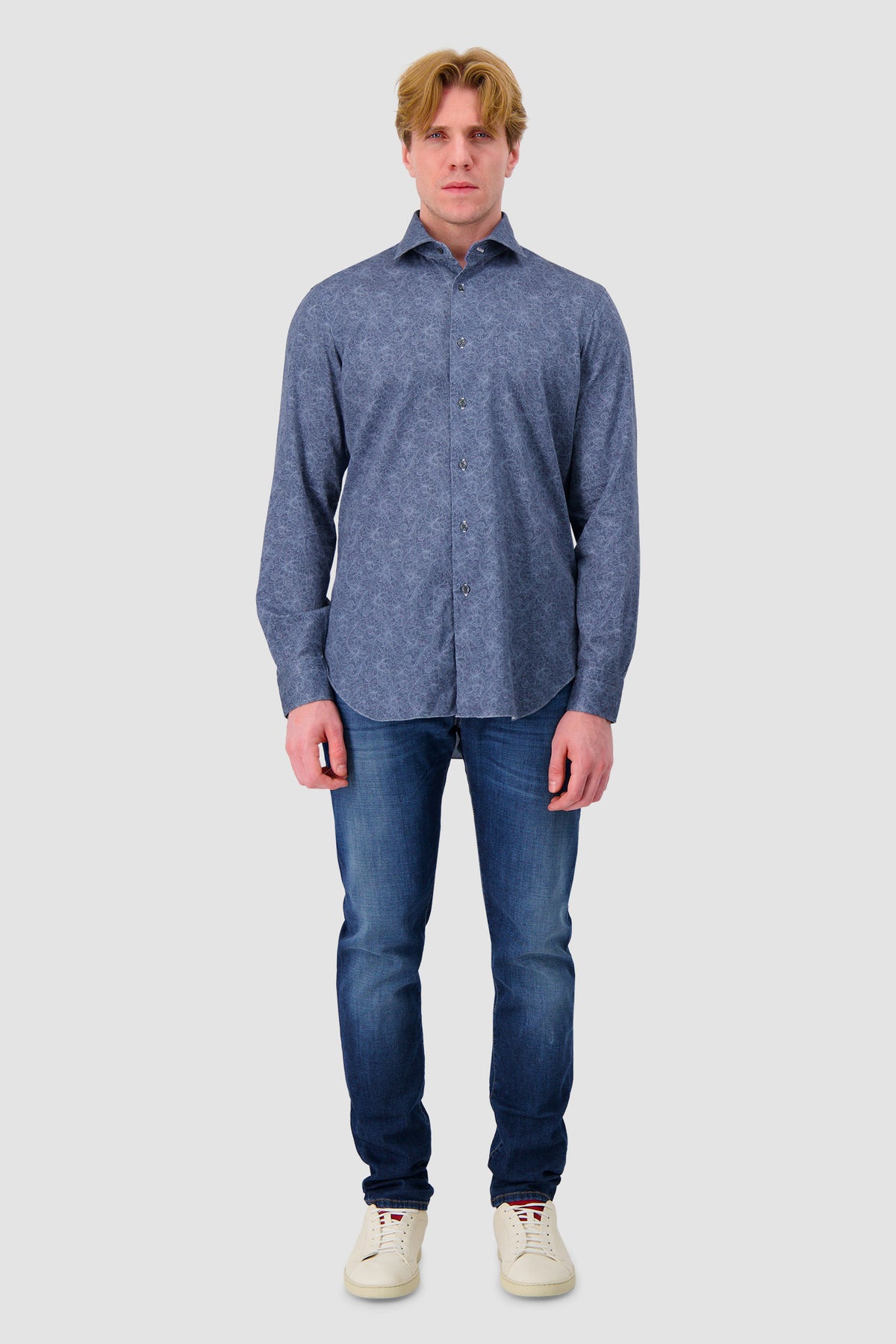 Barba Napoli Blue Cotton Floral Print Shirt