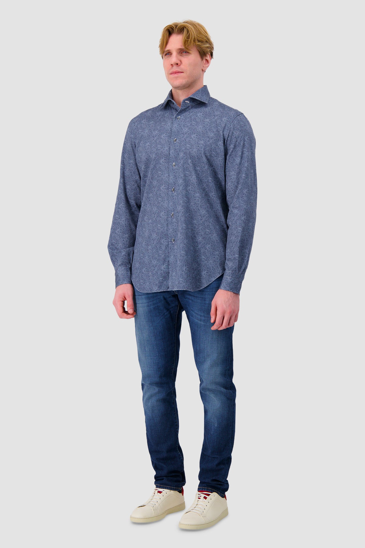 Barba Napoli Blue Cotton Floral Print Shirt