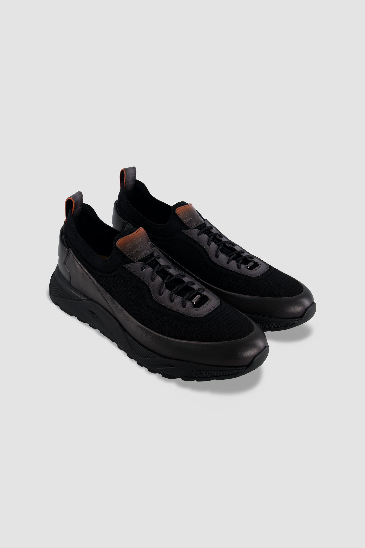 Santoni Black Leather/Knit Slip-on Sneakers