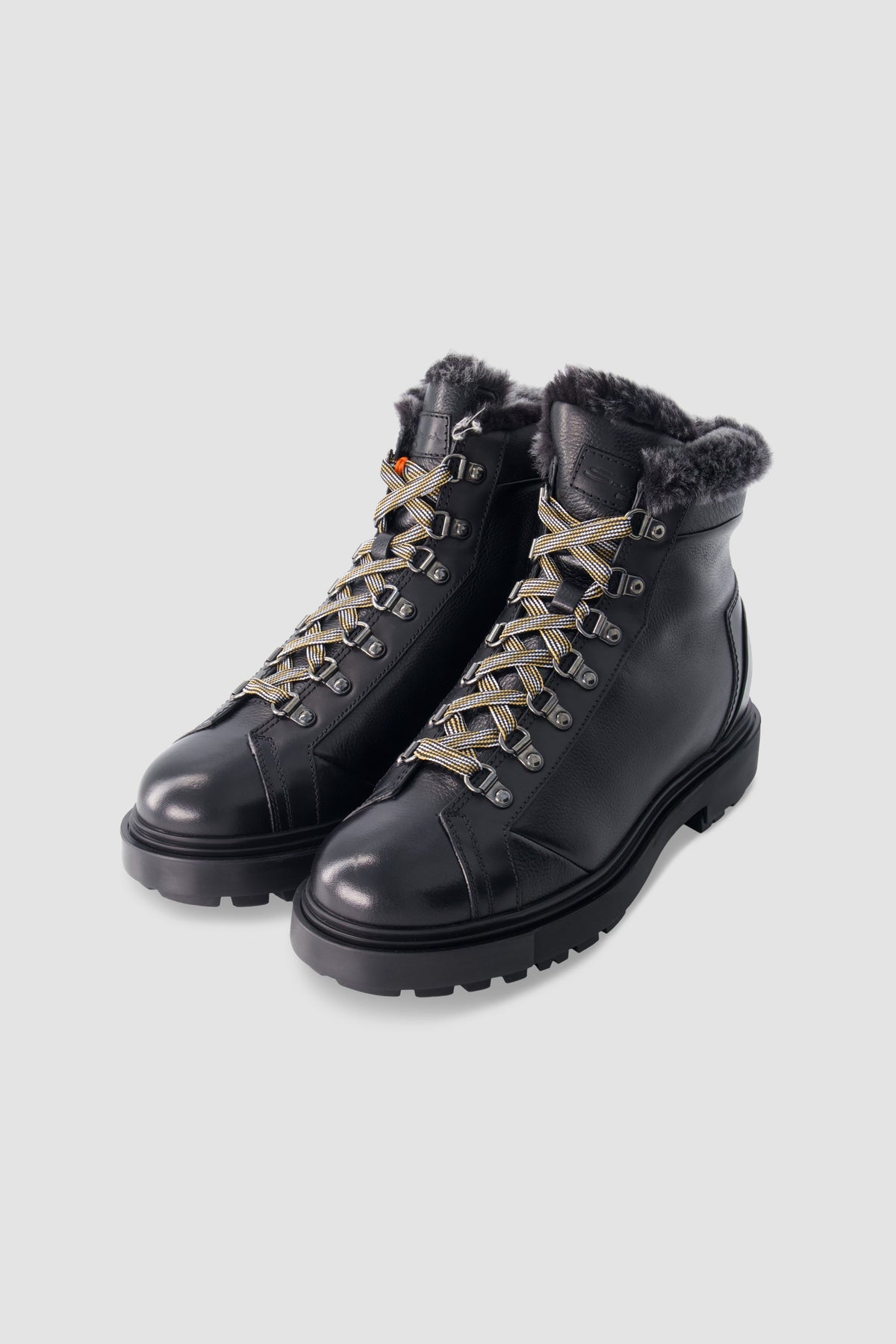 Santoni Black Lace-Up Shearling Boots