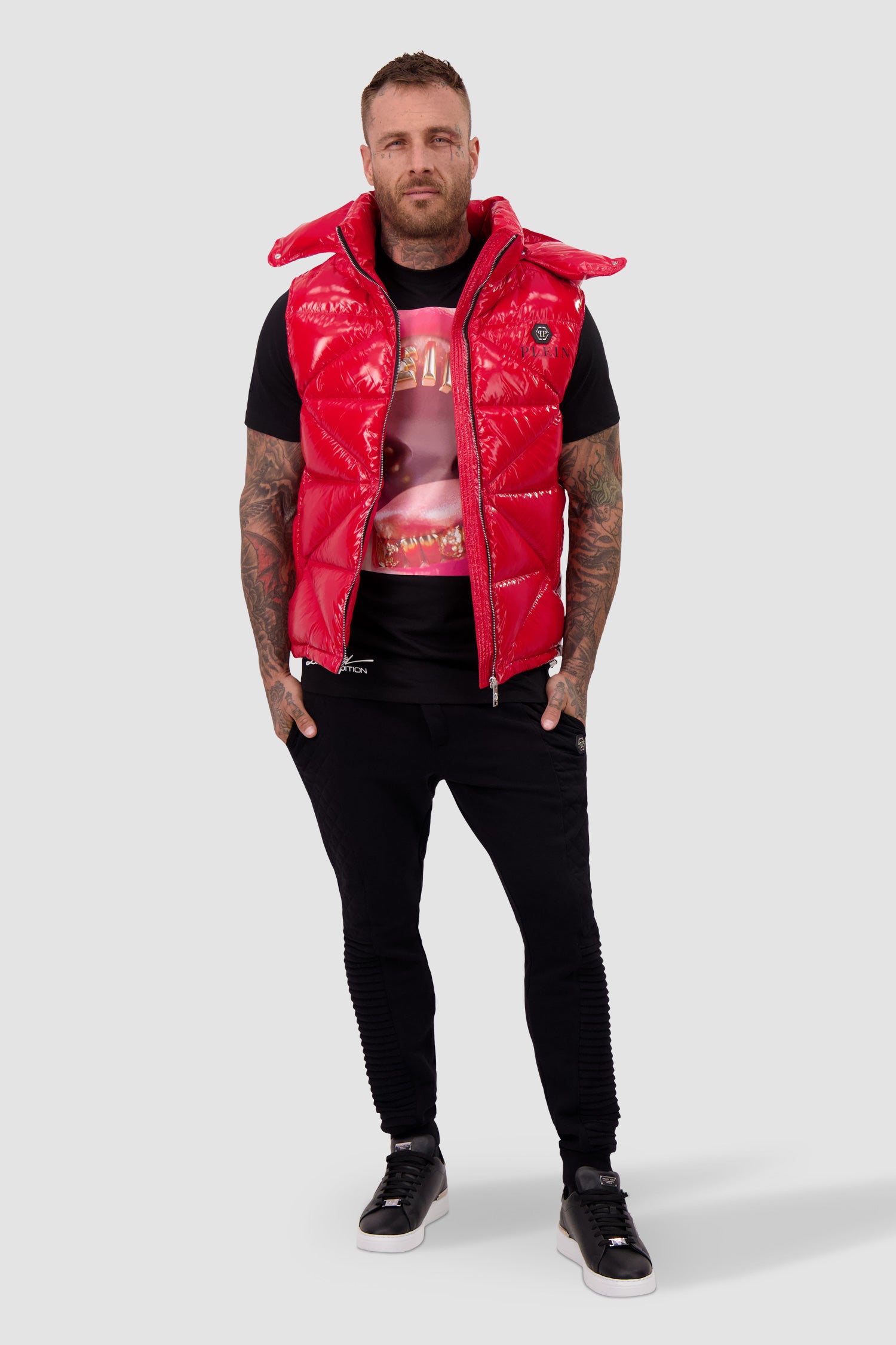 Philipp Plein Red Sleeveless Quilted Down jacket Hexagon