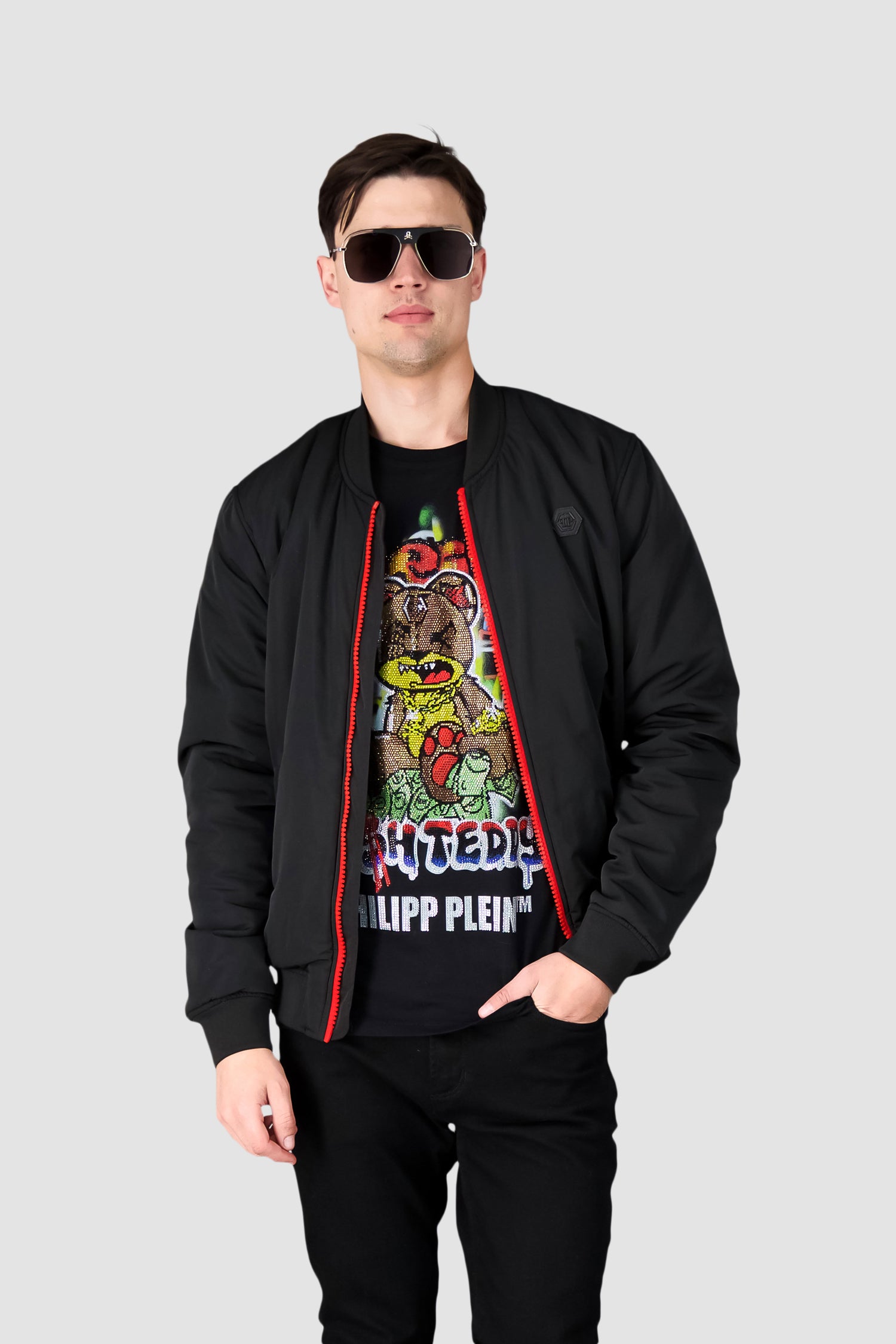 Philipp Plein Black Bomber Jacket with Red Zipper