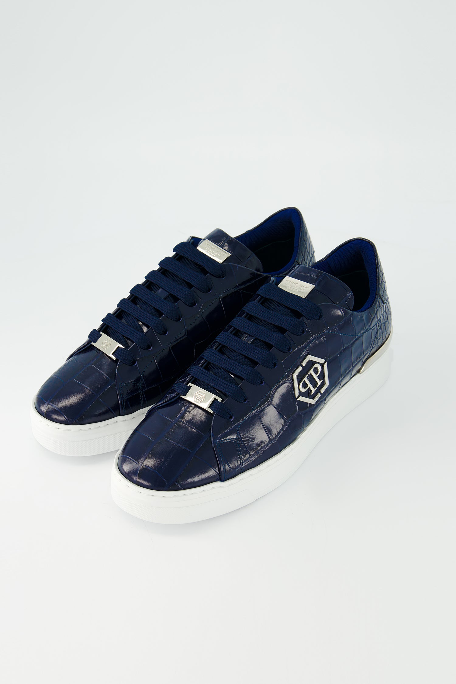 Philipp Plein Dark Blue Crocodile Leather Print Lo-Top Sneakers
