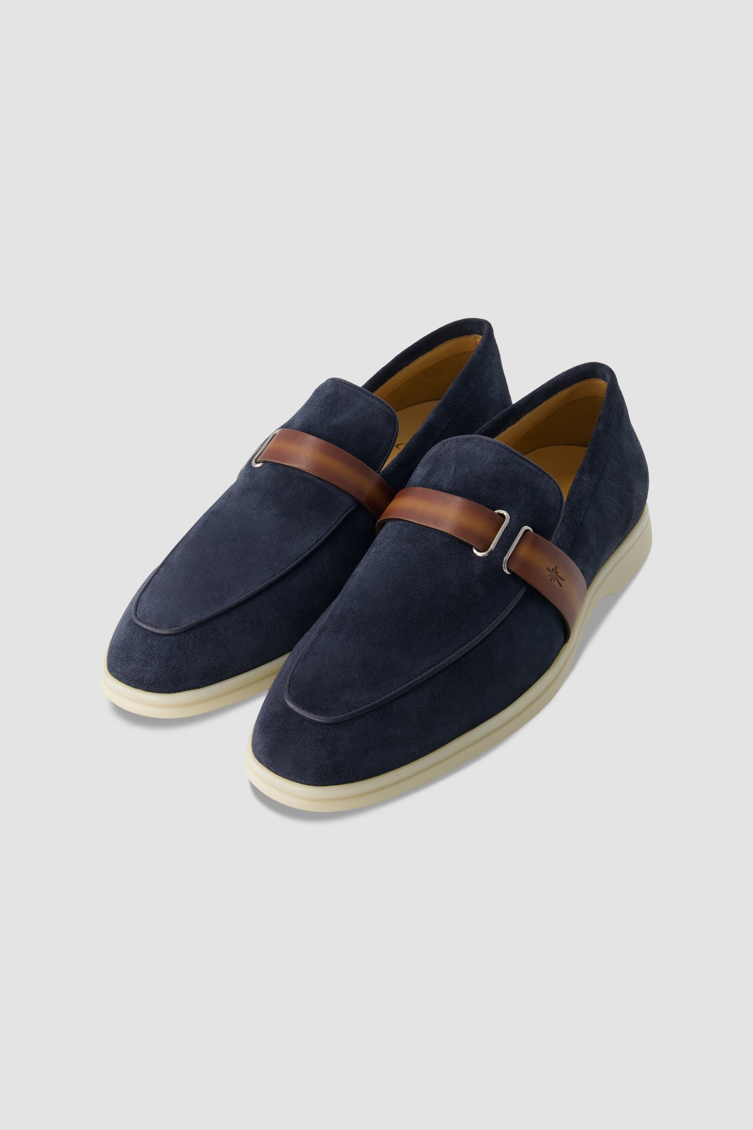Corthay Navy Suede Leather Contrast Strap Loafers