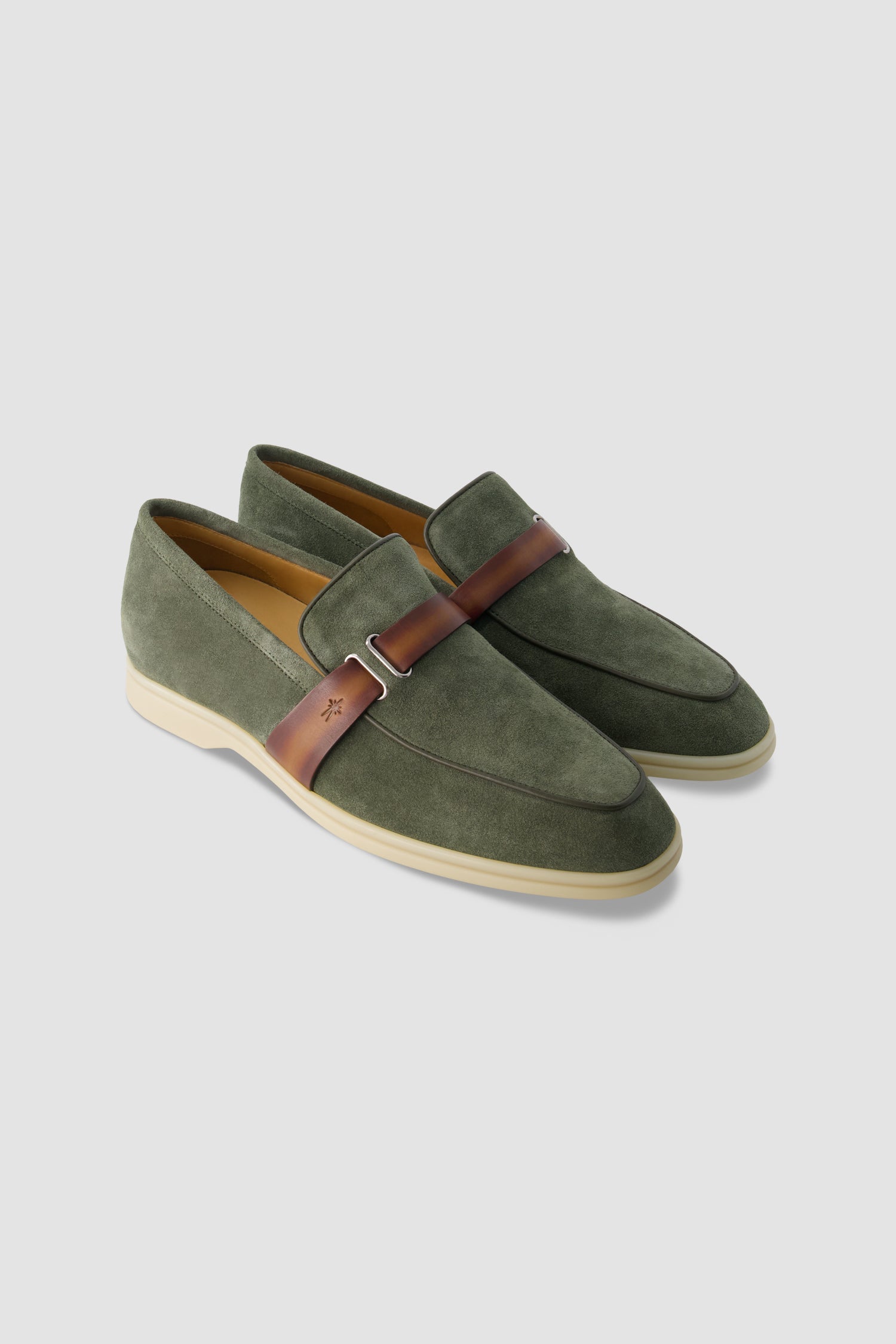 Corthay Green Suede Leather Contrast Strap Loafers