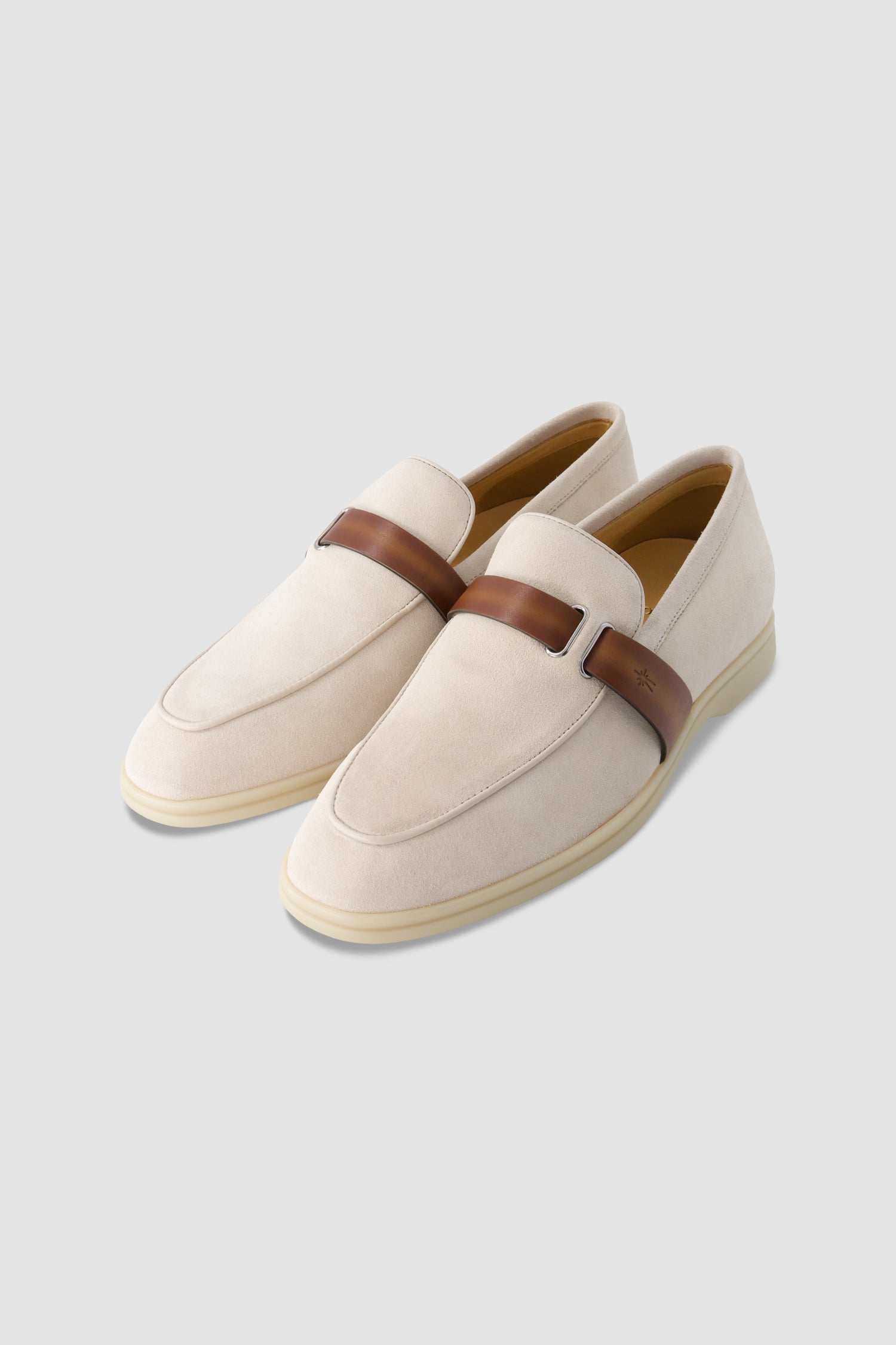 Corthay Beige Suede Leather Contrast Strap Loafers
