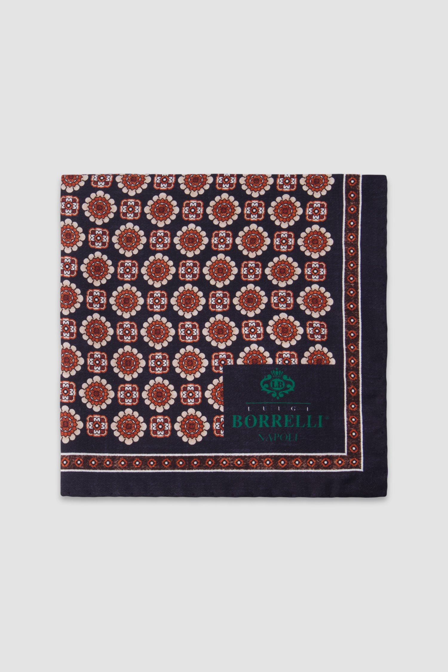 Luigi Borrelli Navy Silk Floral Medallion Print Pocket Square