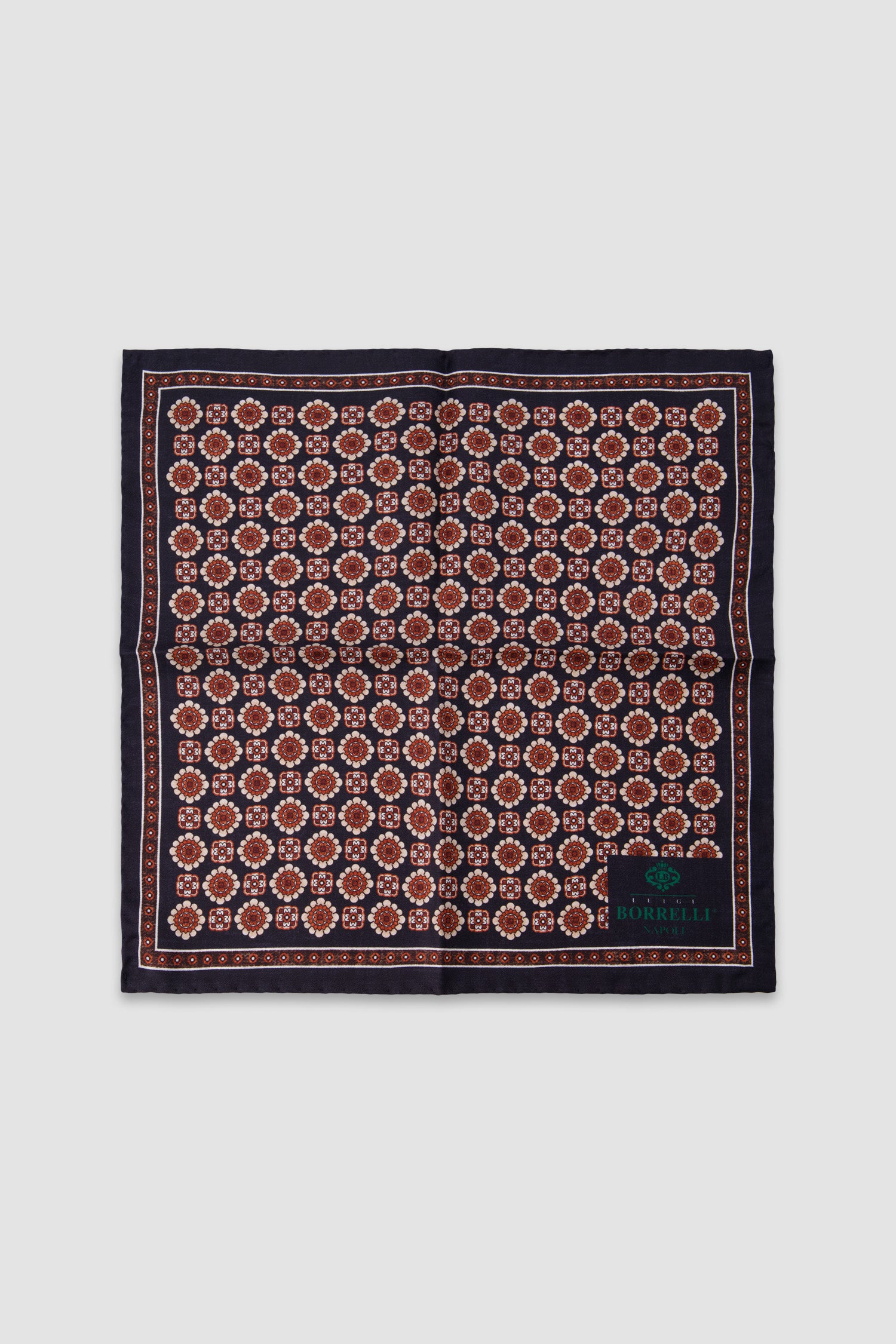 Luigi Borrelli Navy Silk Floral Medallion Print Pocket Square