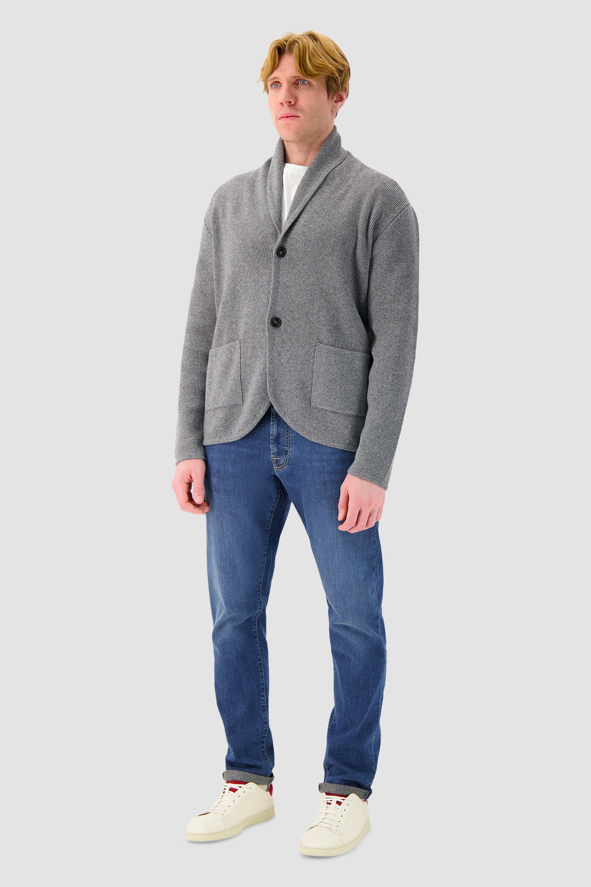 Sartorio Grey Wool Cashmere Ribbed Shawl Collar Cardigan