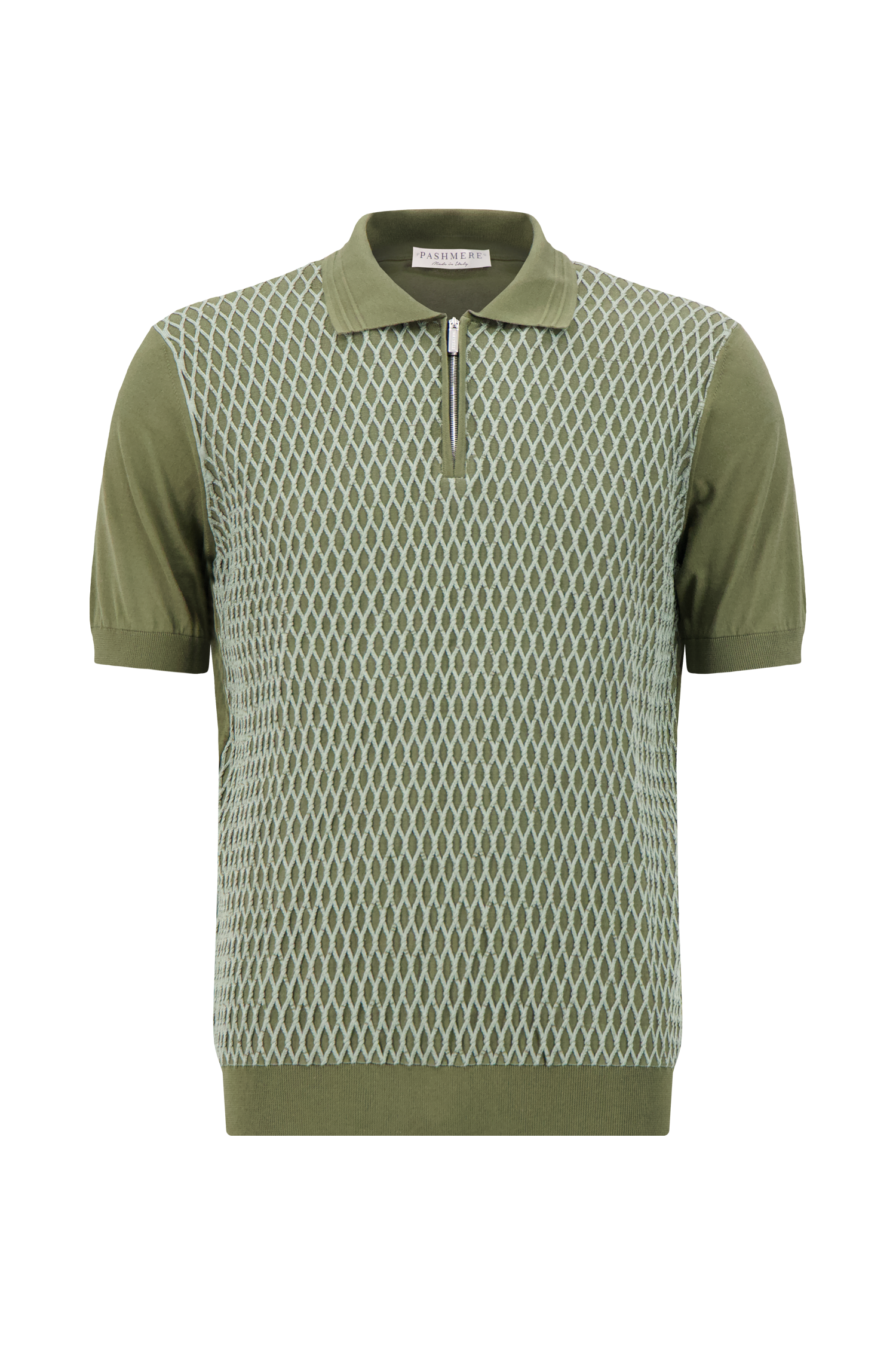 Pashmere Army Green Cashmere Zip Polo with Openwork Knit Detail