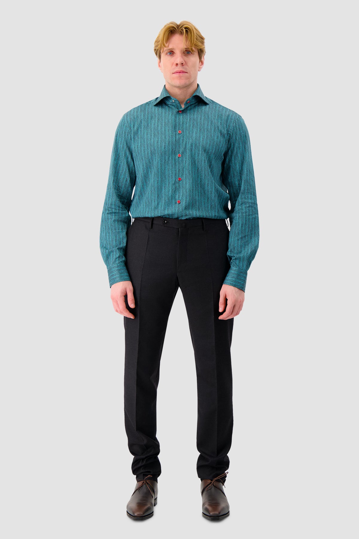 Kiton Teal Vertical Stripe Print Dress Shirt