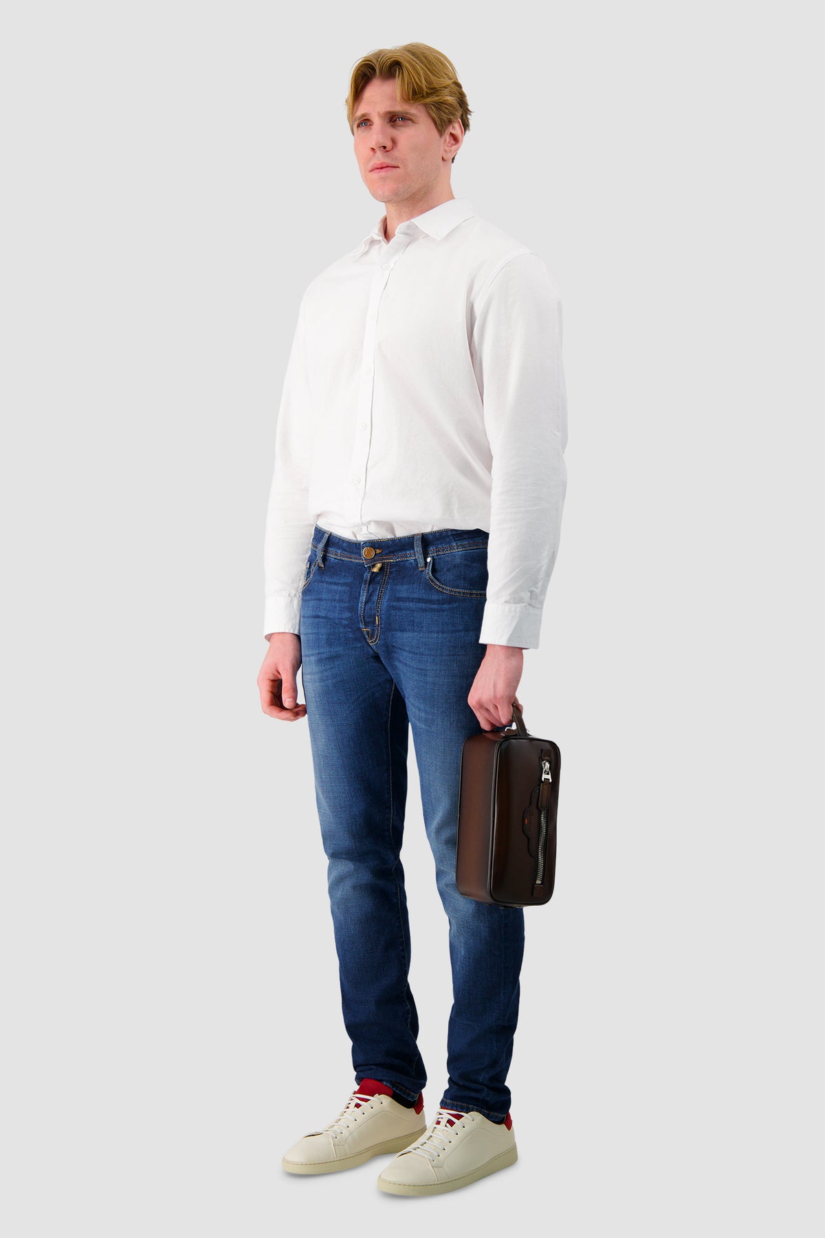 Santoni Brown Leather Doube-Zip Travel Case