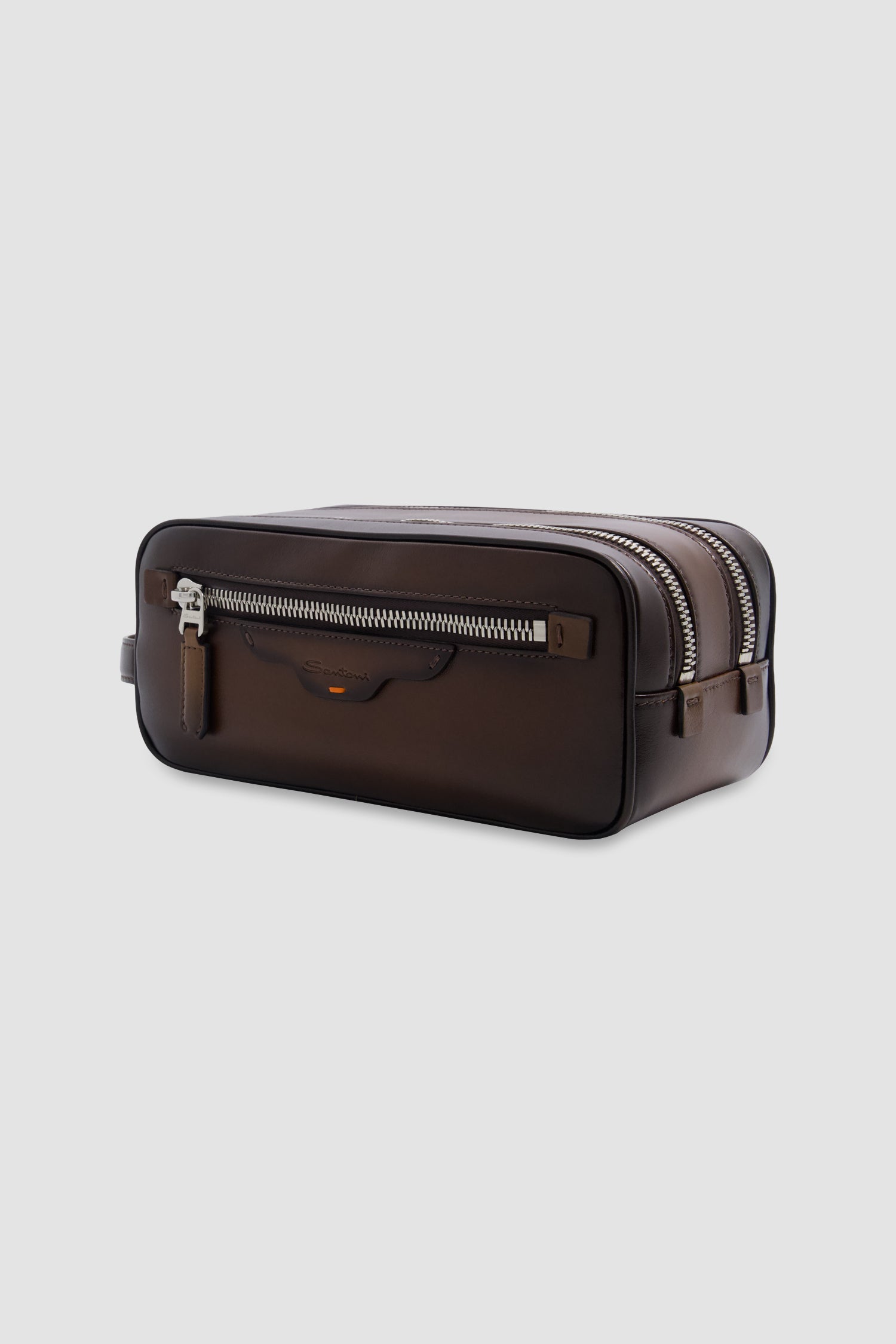 Santoni Brown Leather Doube-Zip Travel Case