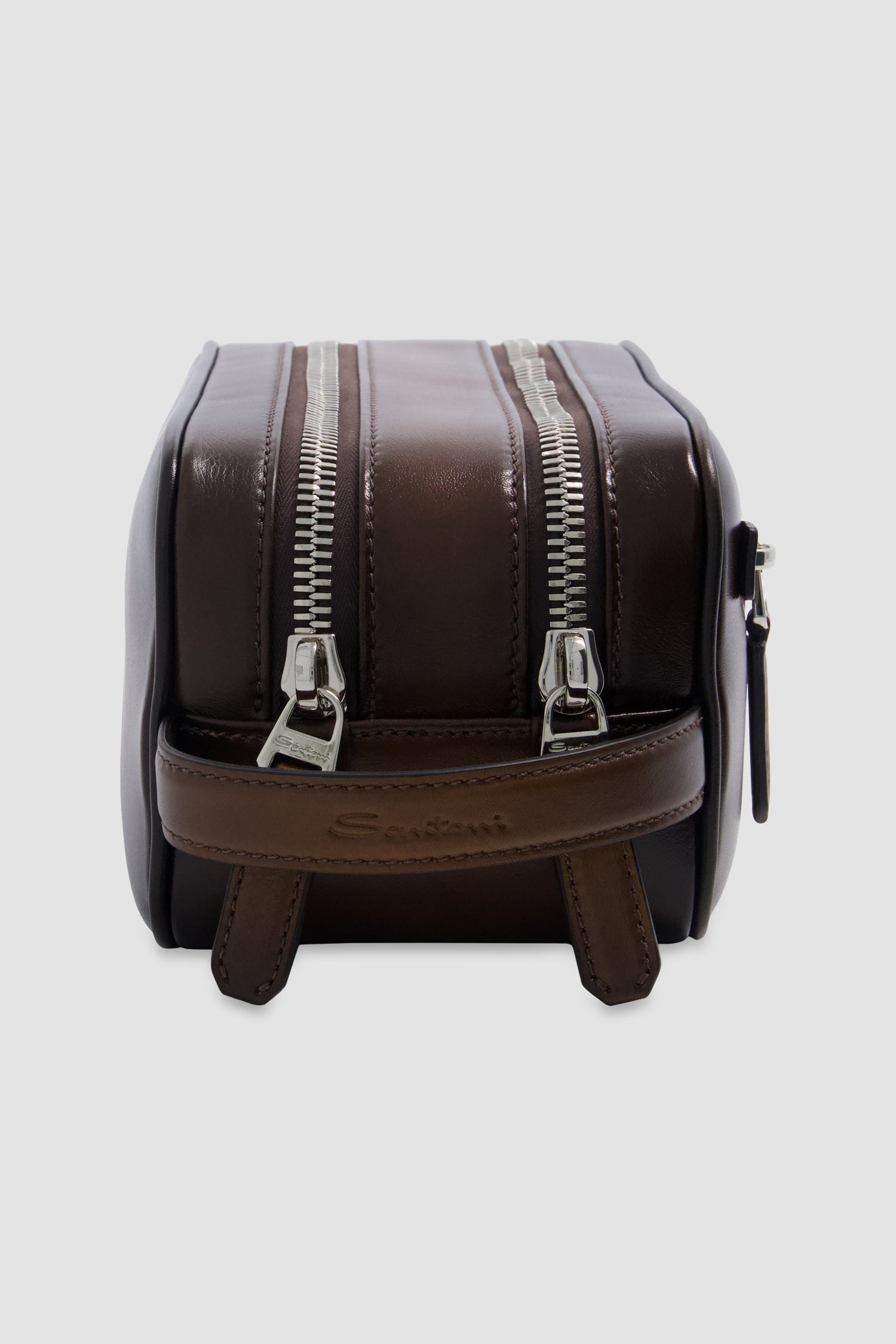 Santoni Brown Leather Doube-Zip Travel Case