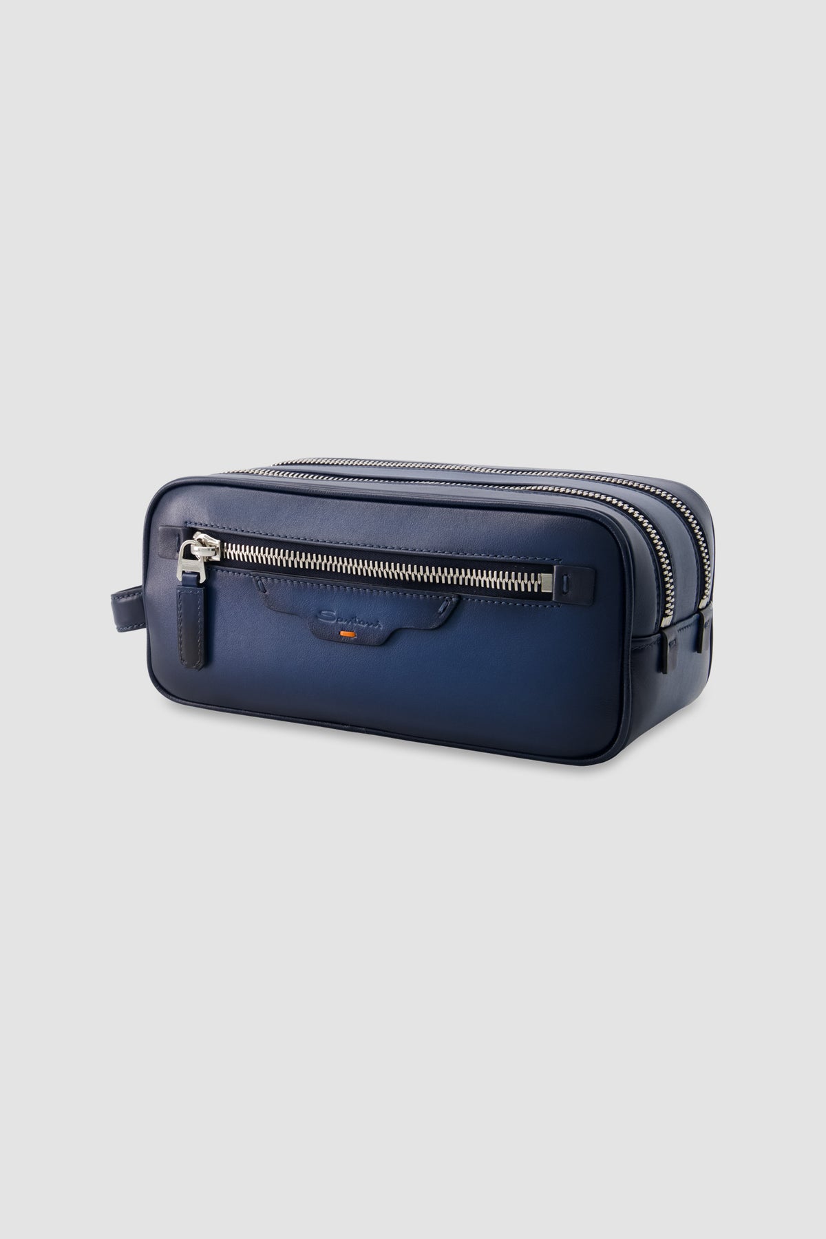 Santoni Navy Leather Double-Zip Toiletry Bag