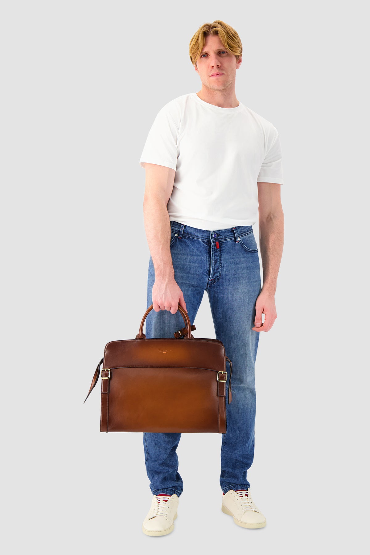Santoni Cognac Leather Business Bag