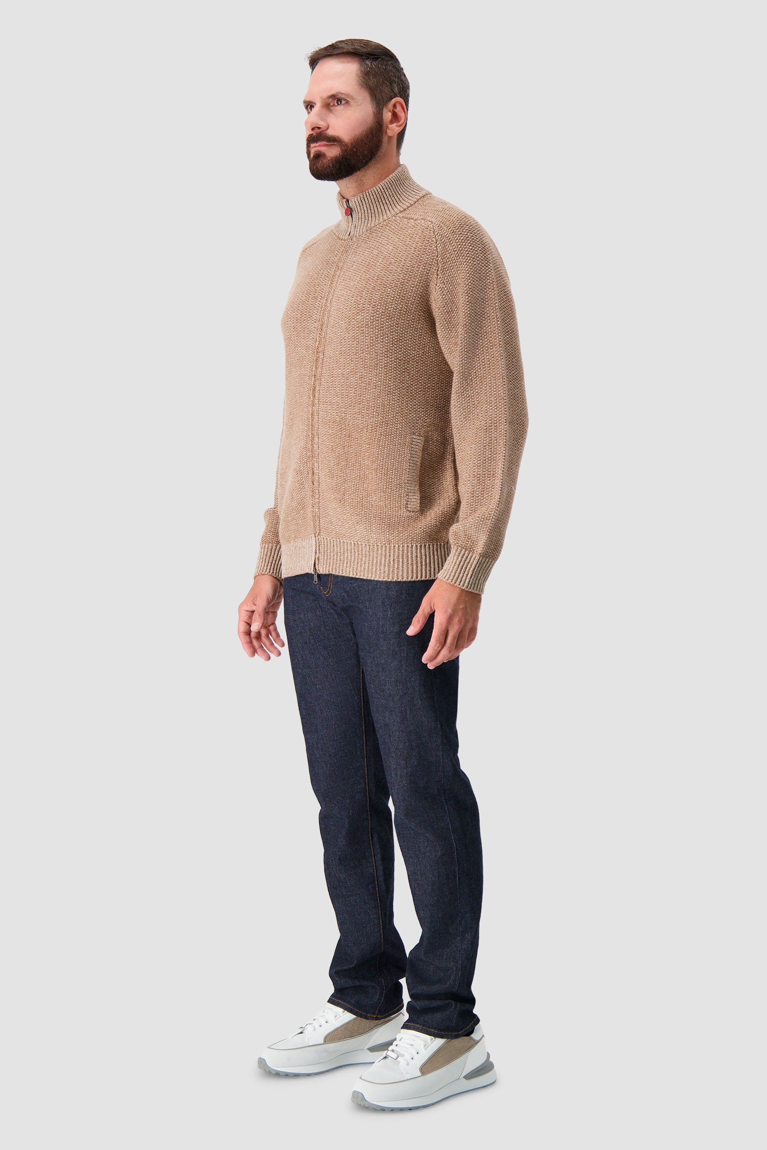 Kiton Taupe Cashmere Full Zip Mock Neck Cardigan