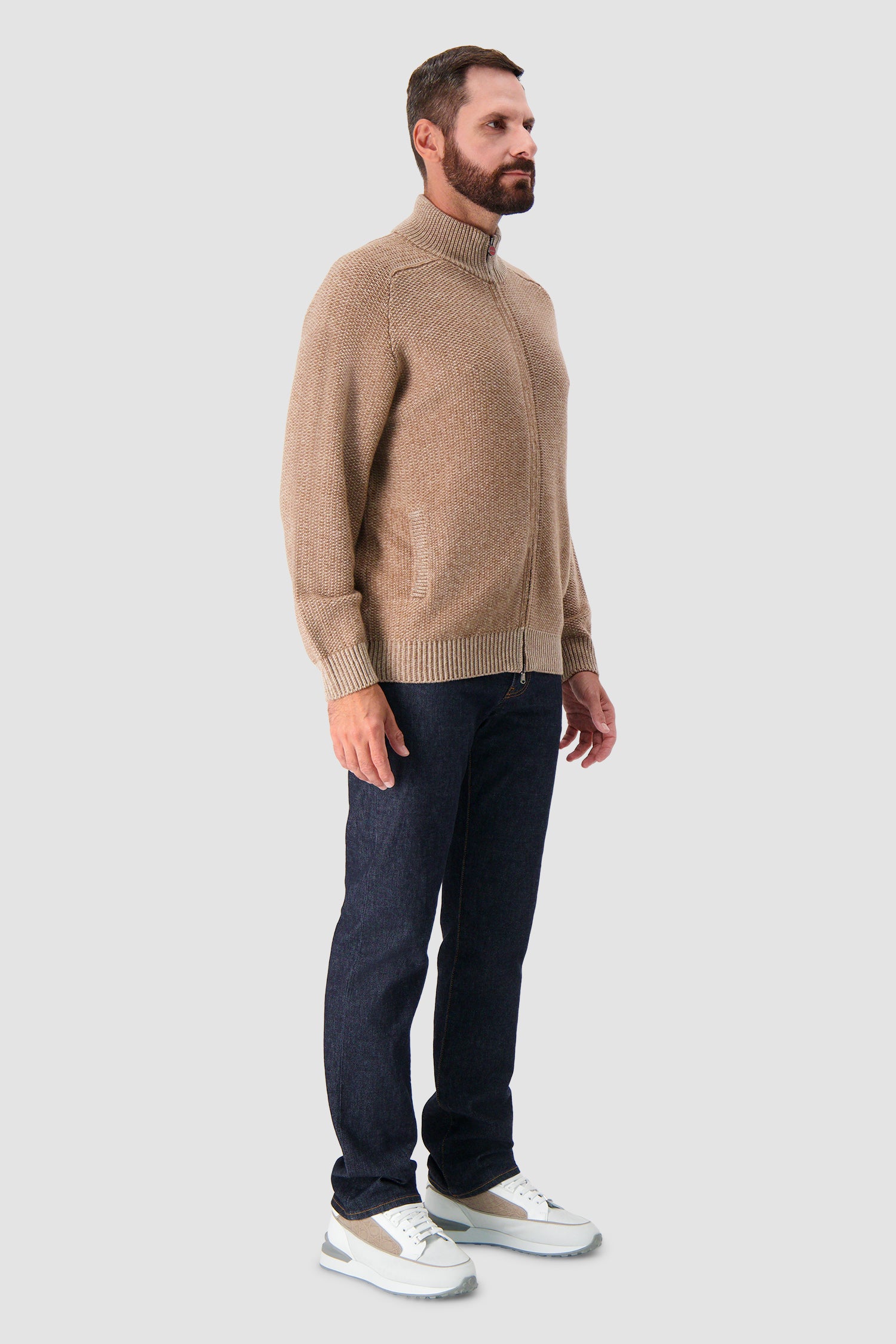 Kiton Taupe Cashmere Full Zip Mock Neck Cardigan