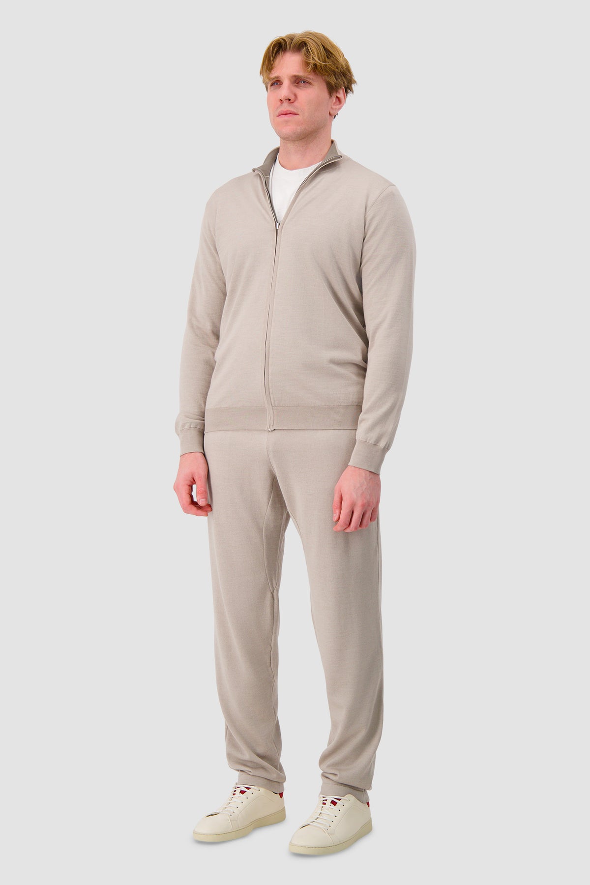 Pashmere Beige/Brown Wool Silk Cashmere Reversible Zip Sweater
