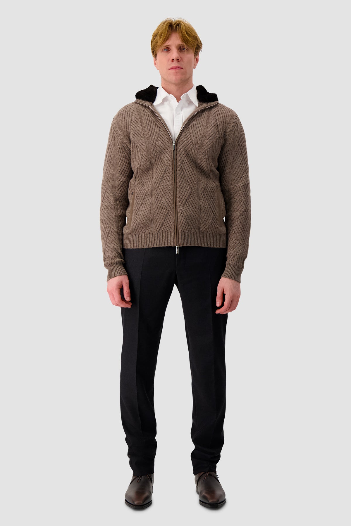 Pashmere Brown Wool/Cashmere Chevron Knit Zip Sweater