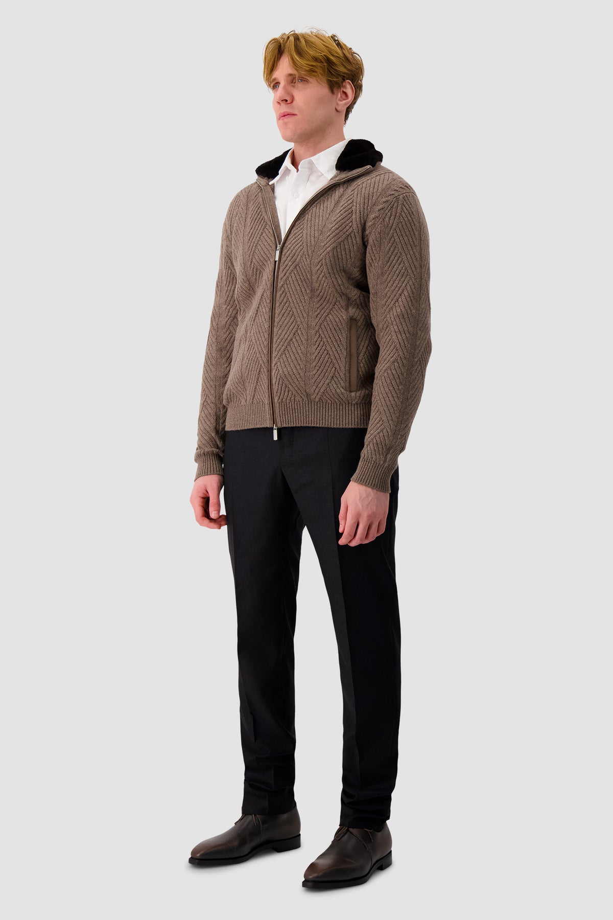 Pashmere Brown Wool/Cashmere Chevron Knit Zip Sweater