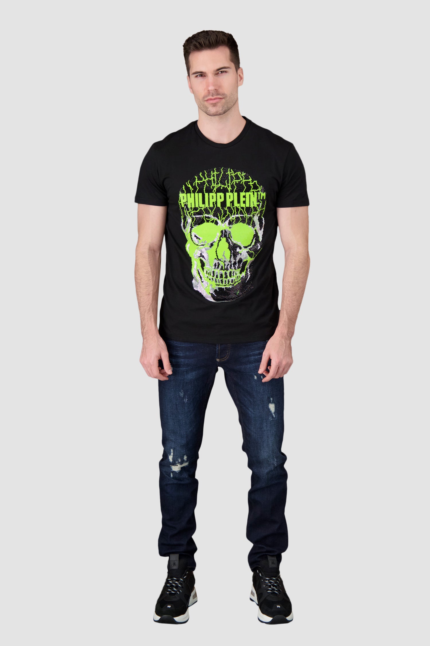 Philipp Plein Black/Yellow Round Neck Skull Rhinestone T-Shirt