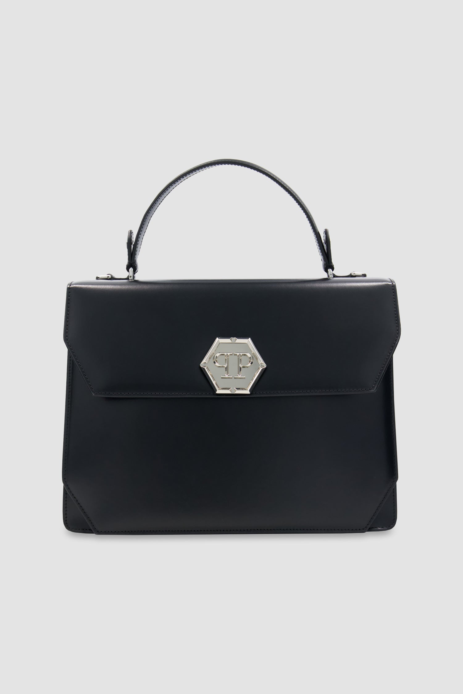 Philipp Plein Black Superheroine Large Hexagon Leather Handle Bag