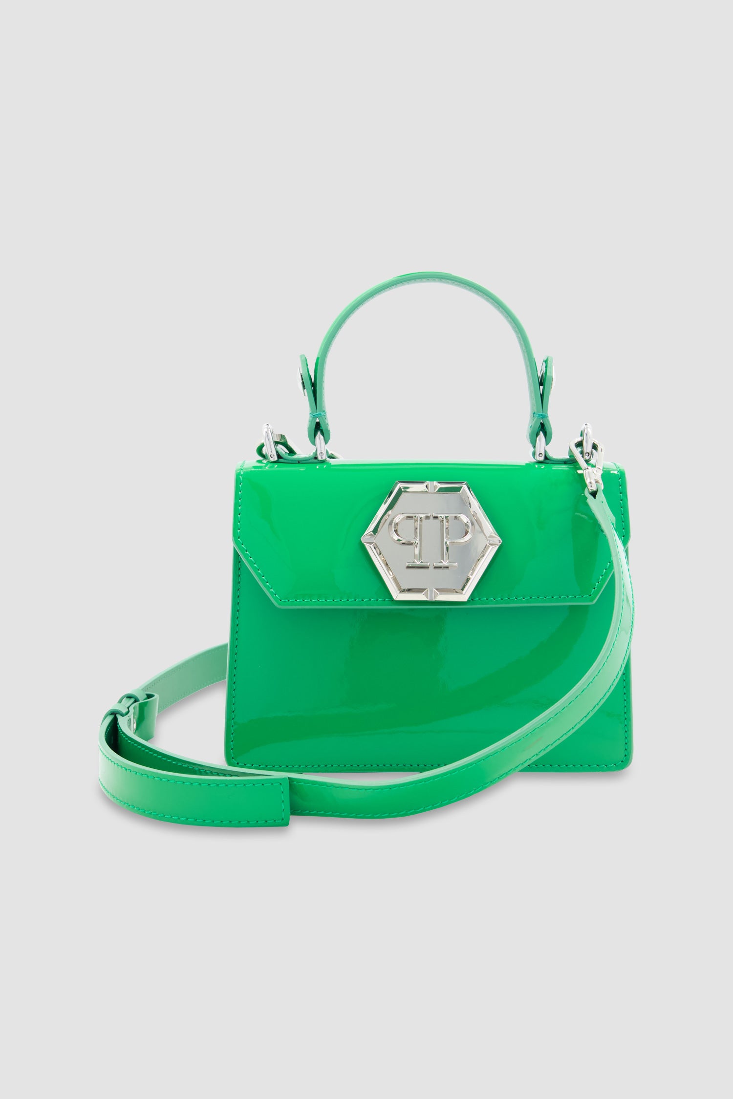 Philipp Plein Green Leather Small Patent Superheroine Handle Bag