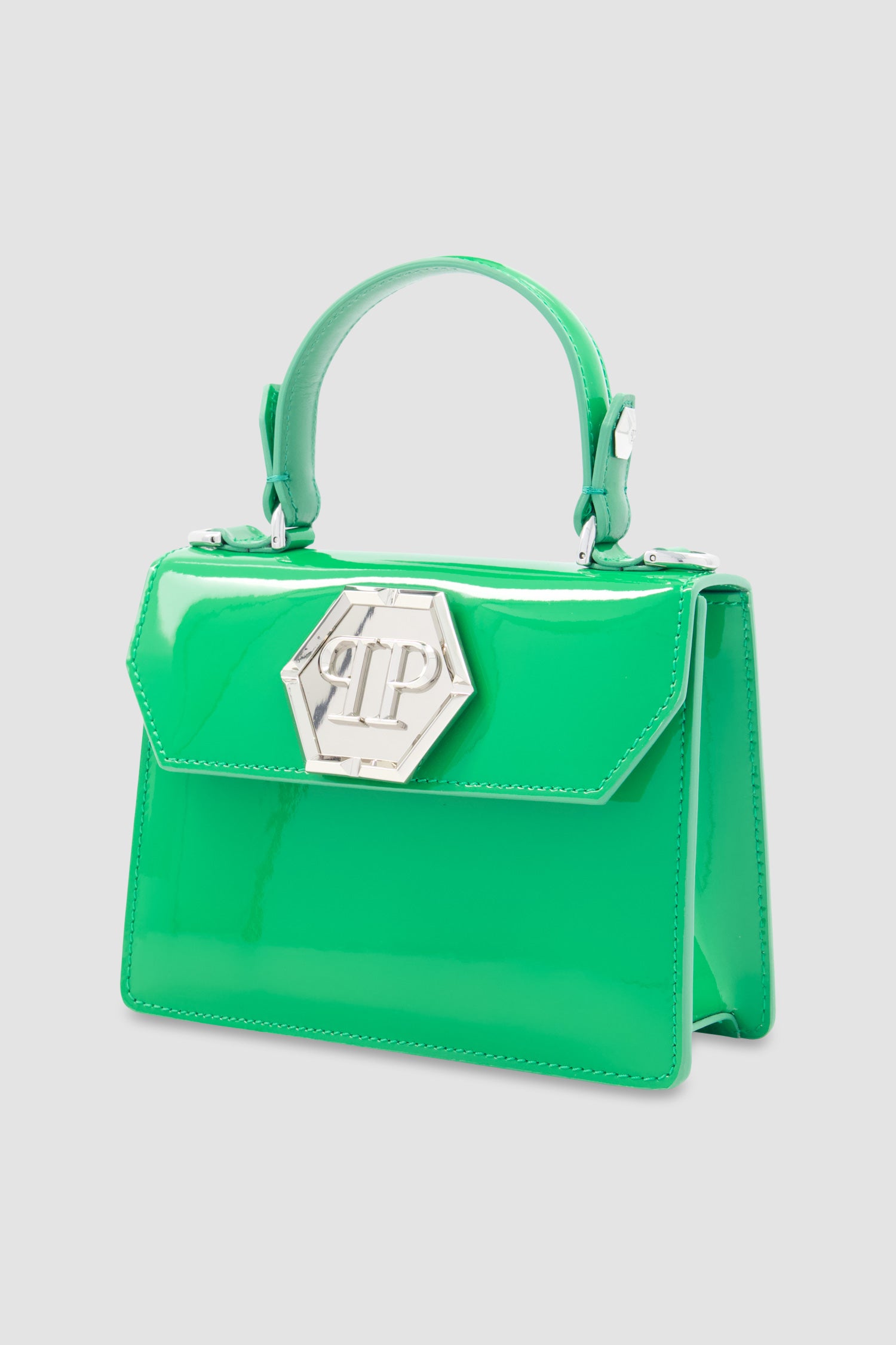 Philipp Plein Green Leather Small Patent Superheroine Handle Bag