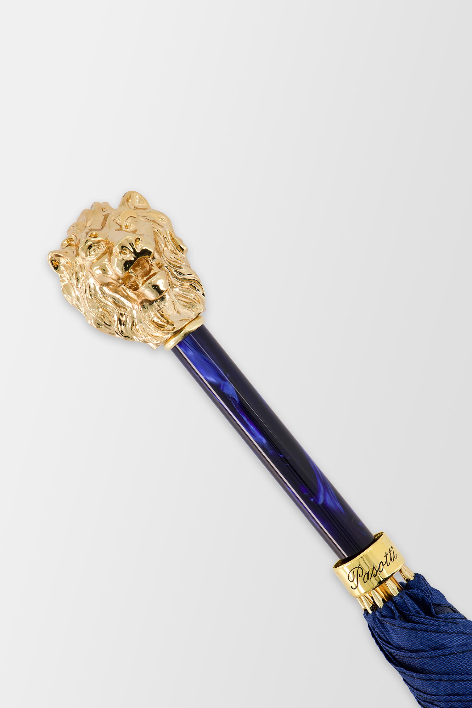 Parapluie Pasotti bleu avec poignée tête de lion dorée