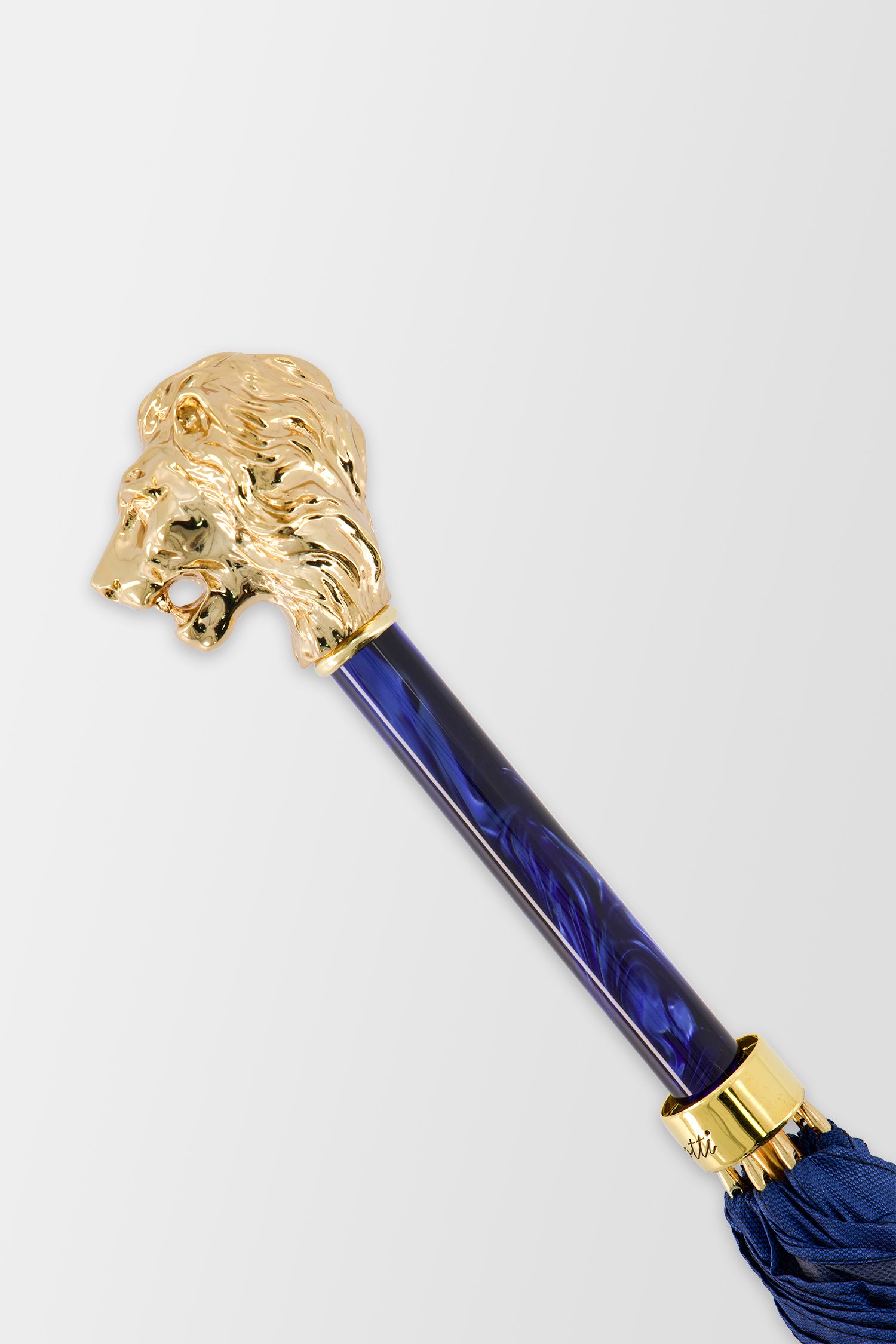Parapluie Pasotti bleu avec poignée tête de lion dorée