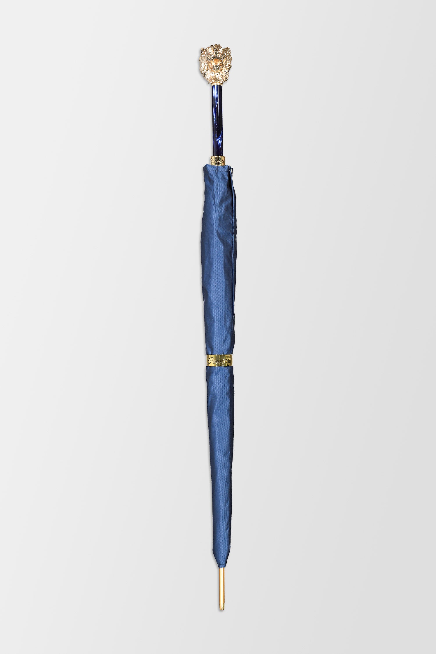 Parapluie Pasotti bleu avec poignée tête de lion dorée