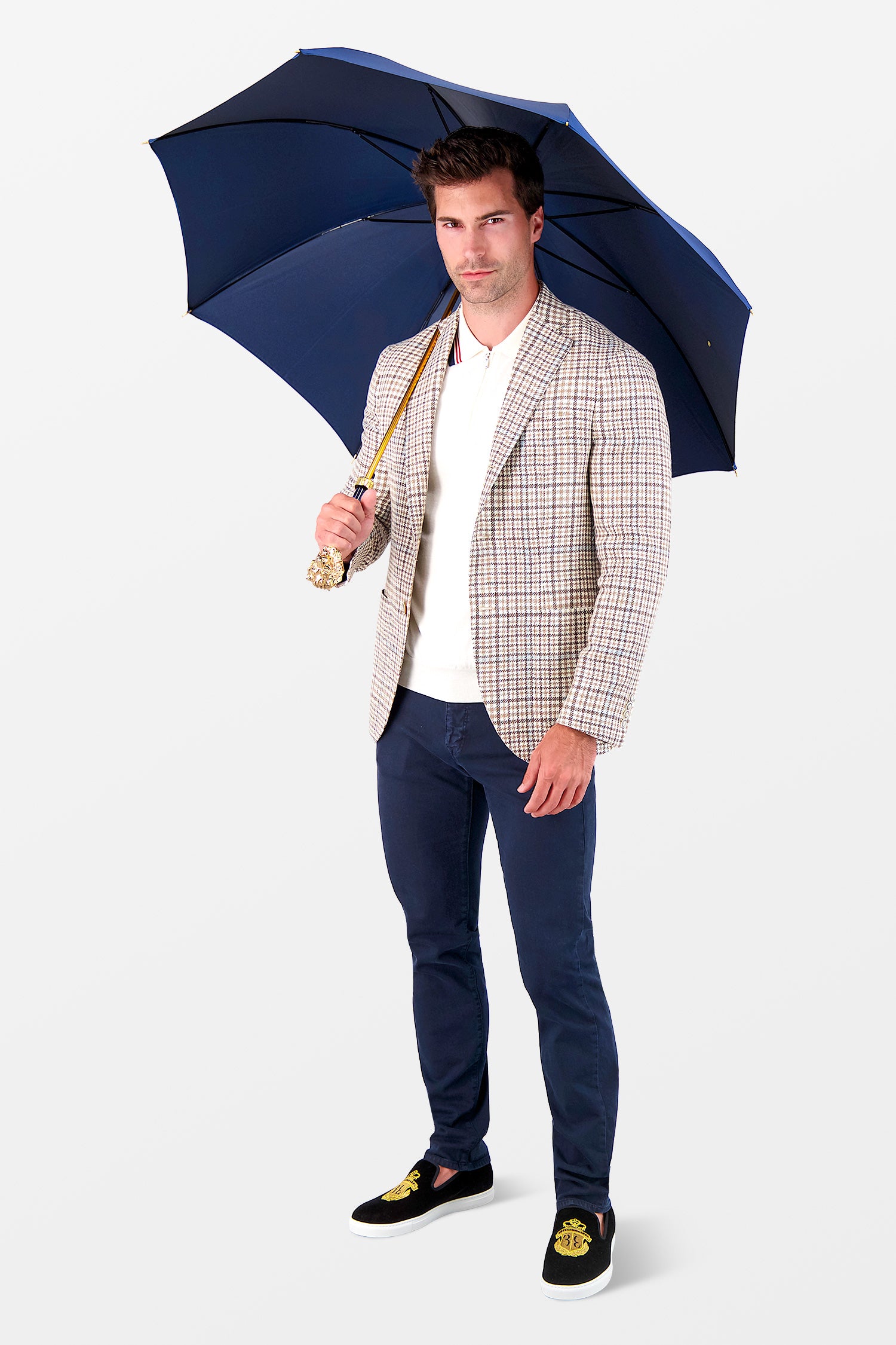 Parapluie Pasotti bleu avec poignée tête de lion dorée